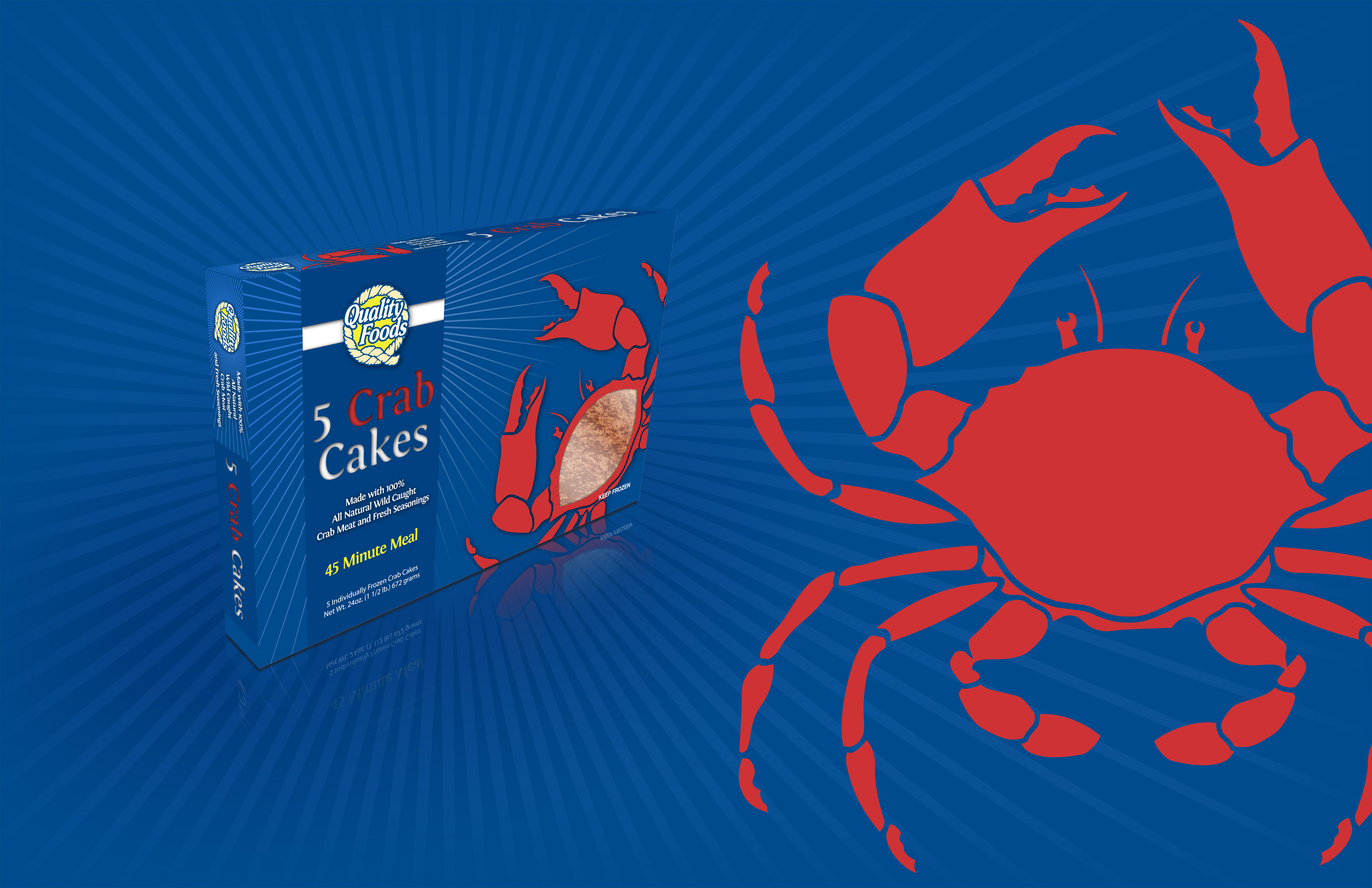 Concept rendering and graphics for Quality Foods crab cakes retail packaging designed by Andrew Thompson