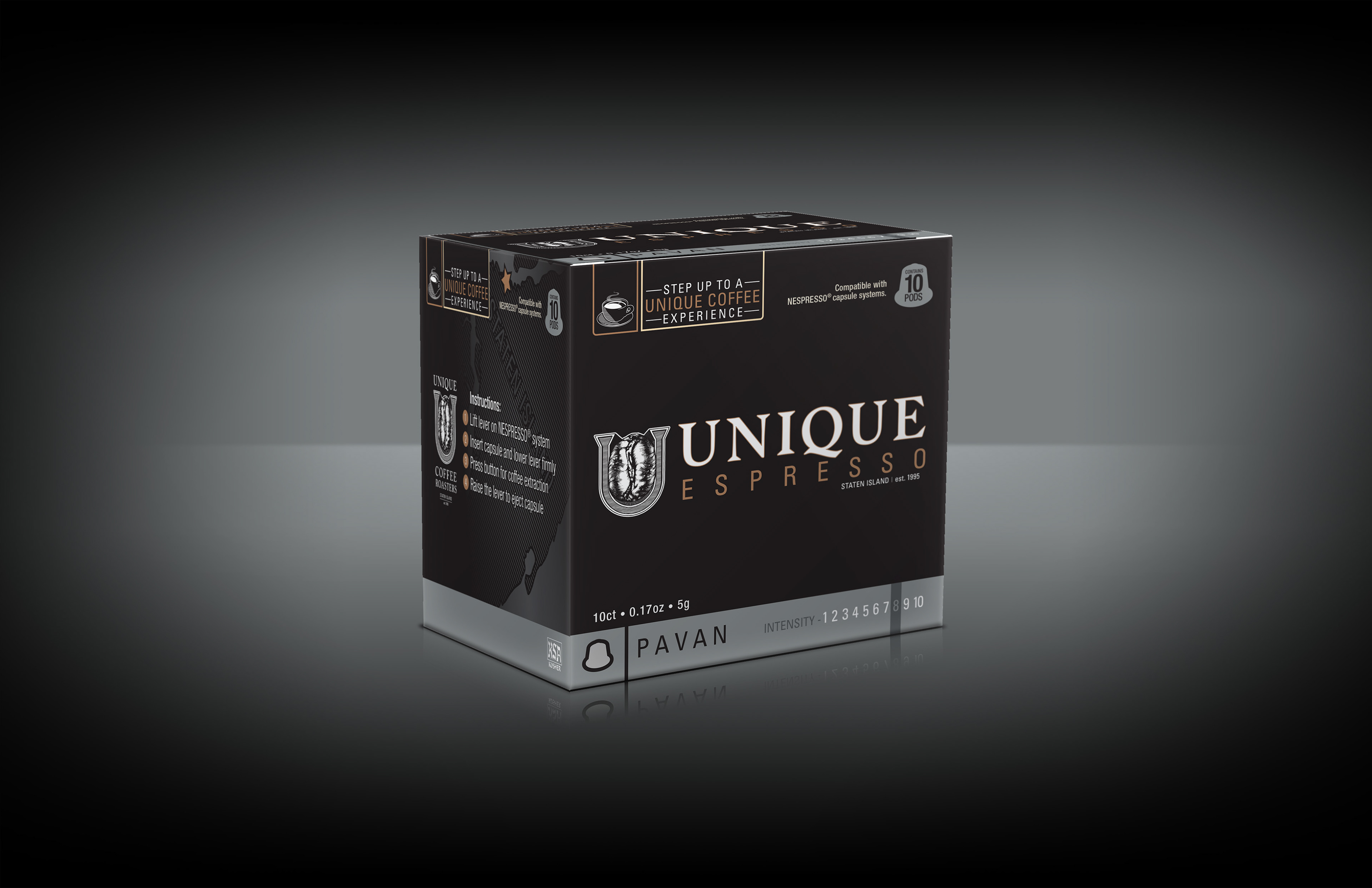 Photoshop 3D rendering of Unique Coffee Roaster's Espresso packaging designed by Andrew Thompson