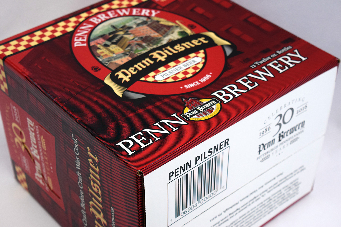 Photograph of Penn Brewery's 30th Anniversary box for Penn Pilsner designed by Andrew Thompson