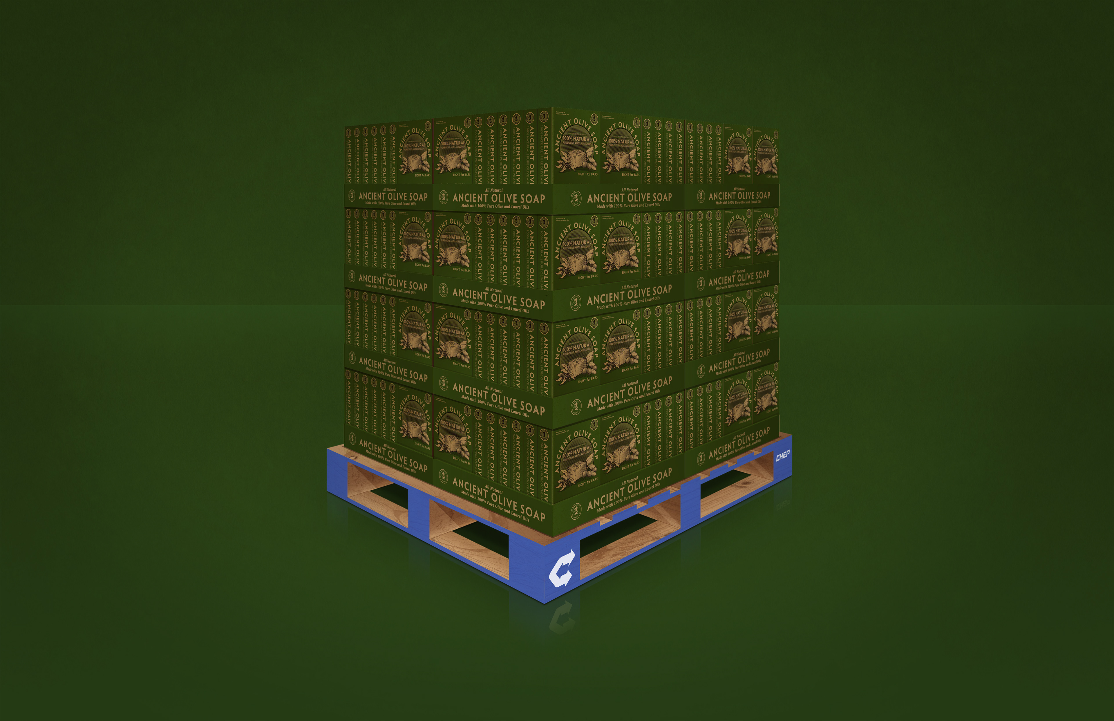 3D Rendering of Ancient Olive Soap's Club Store 8 Pack Pallet Display designed by Andrew Thompson