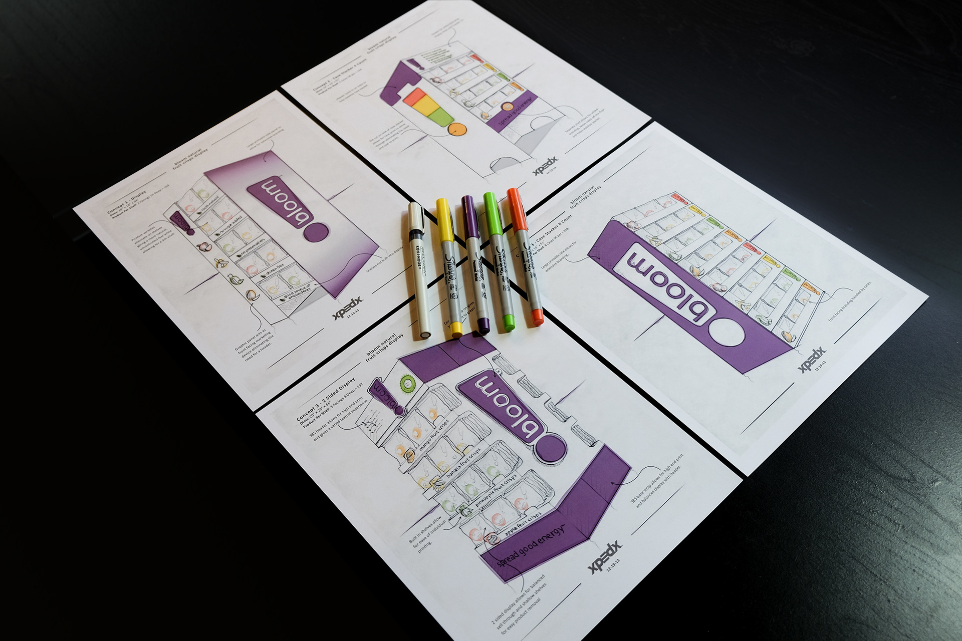 Floor Display concept sketches for Bloom's Crisp product designed by Andrew Thompson