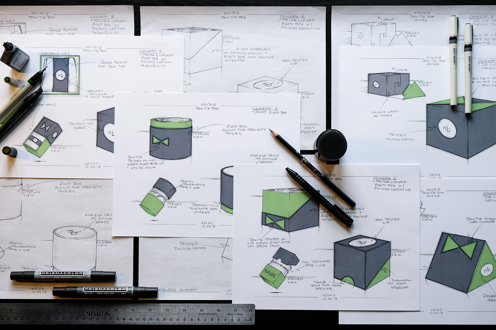 Concept sketches for Naubie's bow tie packaging designed by Andrew Thompson