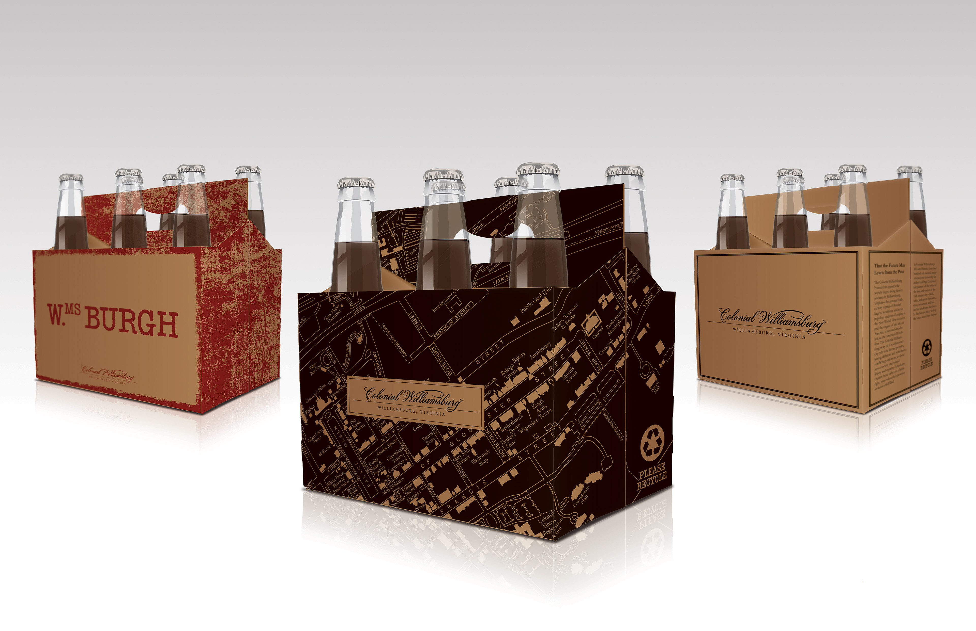 Concept renderings for Colonial Williamsburg 6 pack drink carrier designed by Andrew Thompson