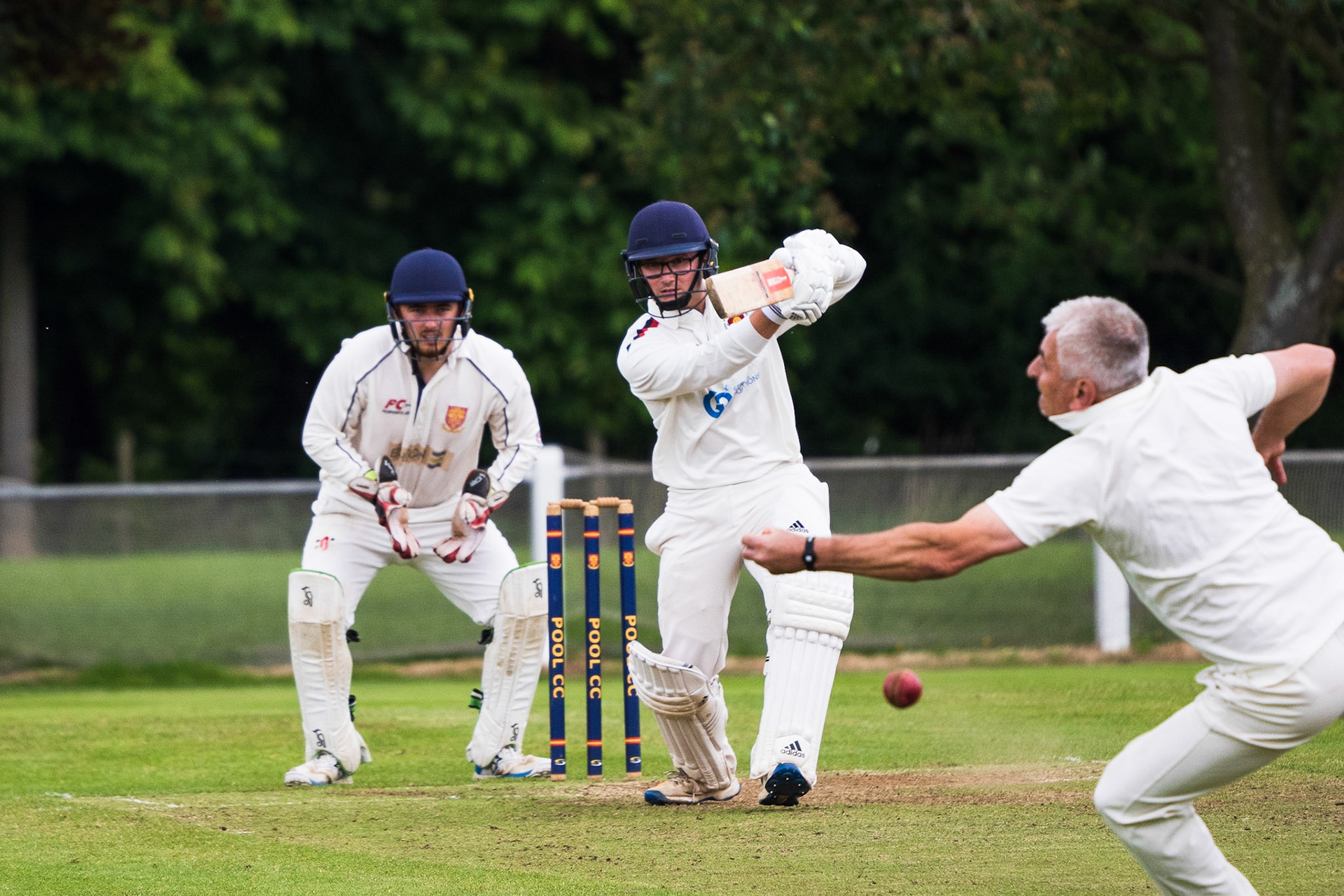 Oliver Hewetson-Brown who finished on 84 runs goes past the Pool CC bpwler towards the end of the innings.