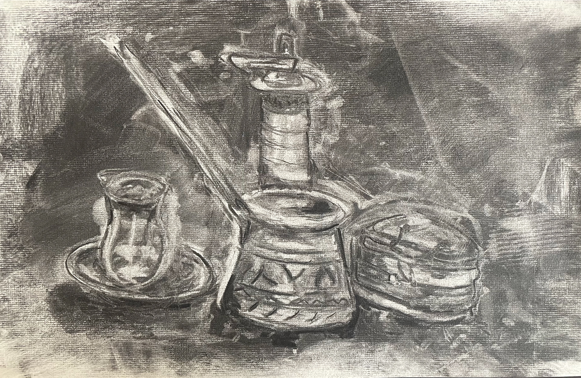 Still life with tulip glass, Charcoal on Paper, 11x18 In, Winter 2023, Independent, Drawn from observation, The tulip glass used for tea is an important aspect of Turkish life.