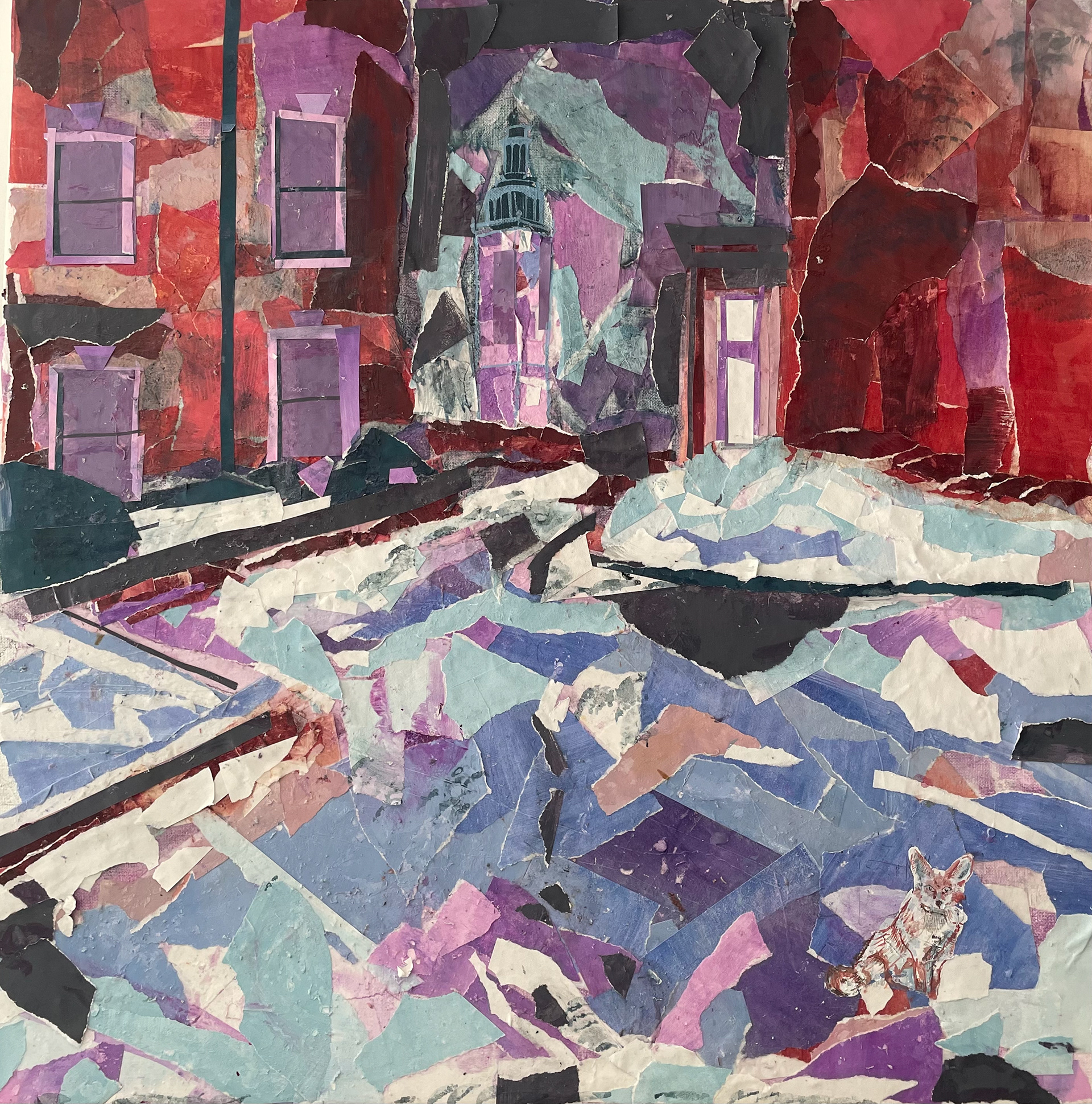 OWHL, Collaged Gouache covered paper on Canvas, 60x60cm, Summer 2024, Independent, Drawn from a photo I took in Winter 2022 of the OWHL, Day Hall, and Memorial Bell Tower