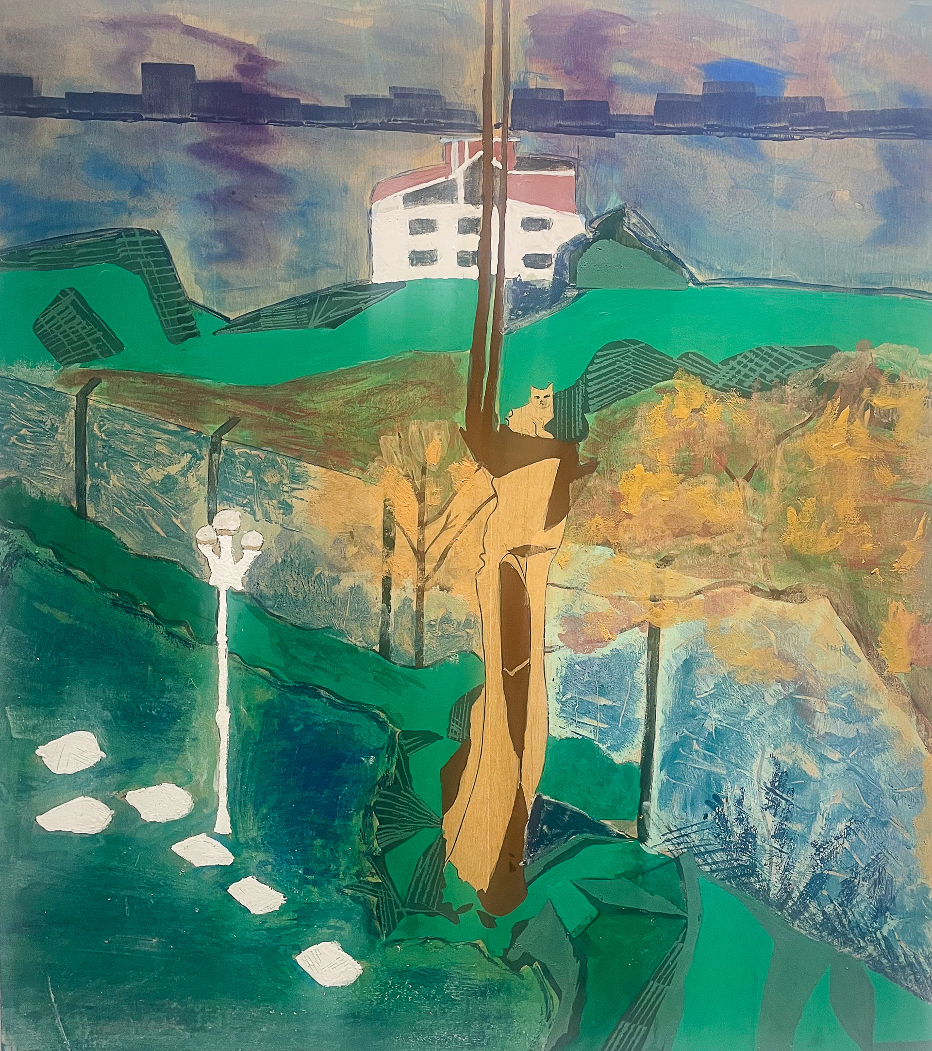 Tuzla, Iwaenogu and Suihienogu (Japanese mineral and dyed oyster shell pigments) on wood, 23x36 In, Spring 2024, School — Independent Studio Project, An exploration of the textures and textures in Nihonga painting (Japanese painting techniques) 