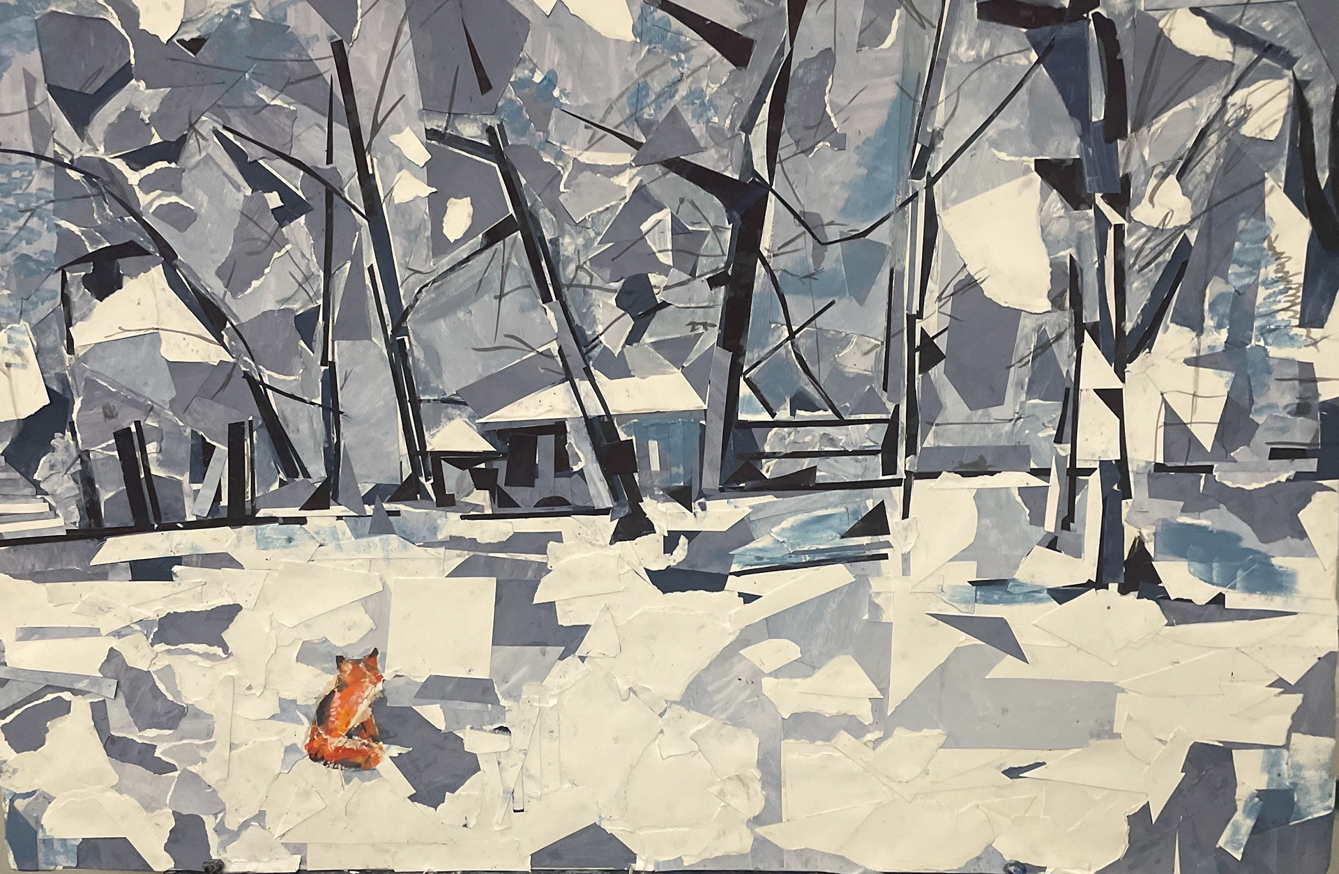 Fox in snow, Collaged Gouache covered paper on Canvas, 48x36 In, Summer 2023, RISD Summer Program, Collaged from photo I took in Winter 2021 (Fox from imagination)