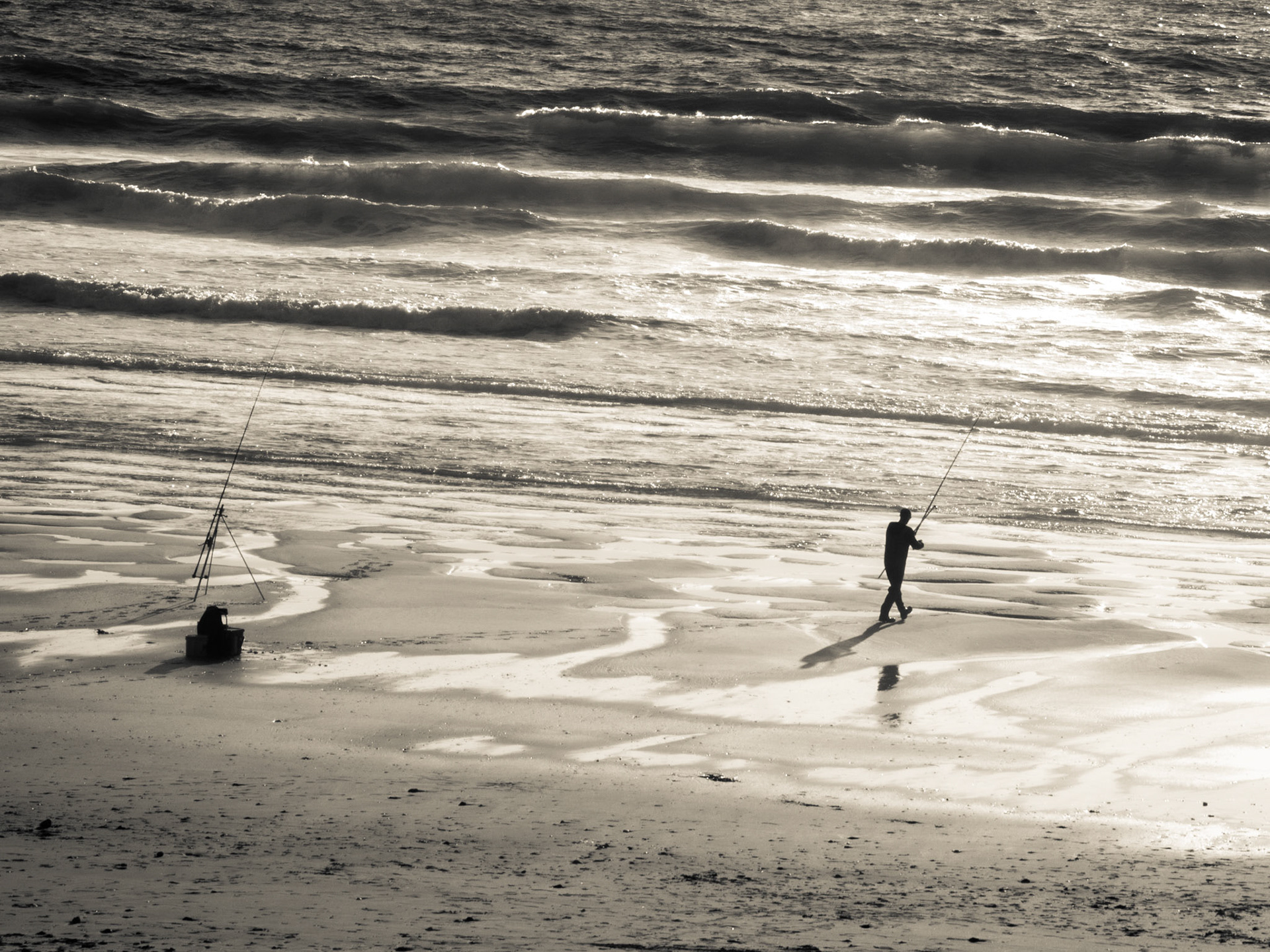 Fishing on Porthtowan beach Cornwall