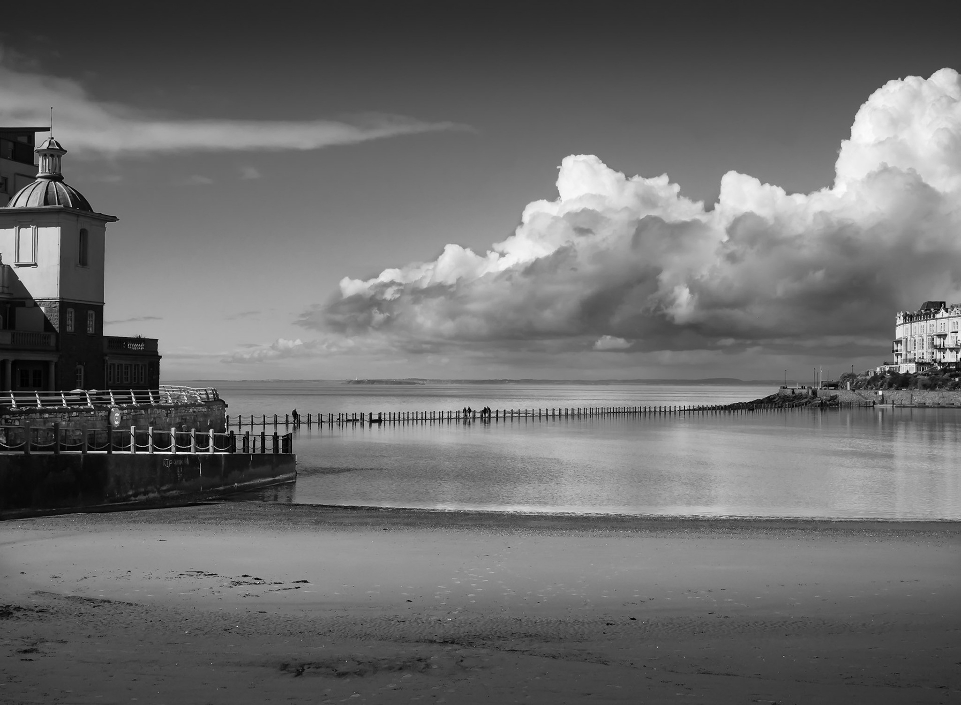 Black and white beach view from Weston-super-Mare Somerset