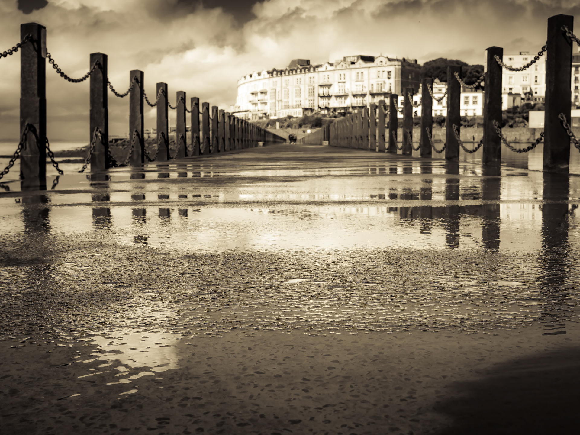 Black and white view Marine Lake bridge Weston-super-Mare Somerset
