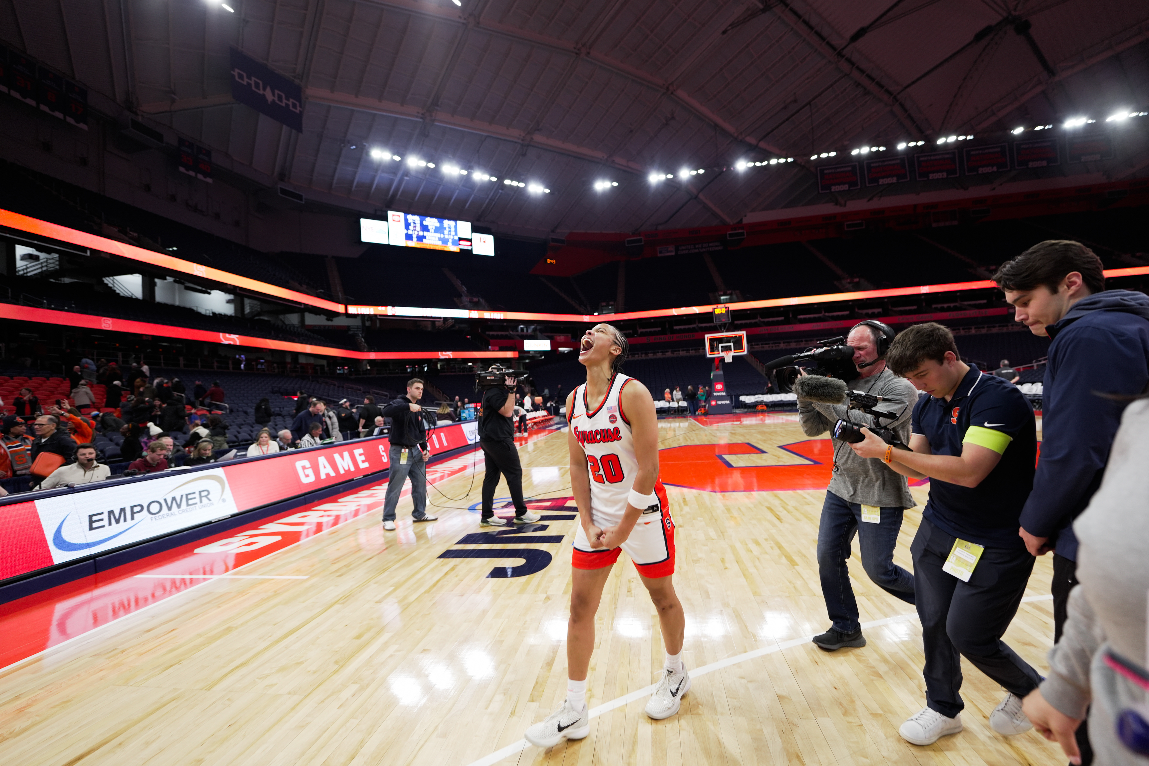 Syracuse Orange guard Dominique Darius (20) celebrates after a three-overtime win in a college basketball game between the Syracuse Orange and the California Golden Bears on January 15, 2026, at the JMA Wireless Dome in Syracuse, NY. (Photo by Brody Shuffler/Syracuse Athletics)