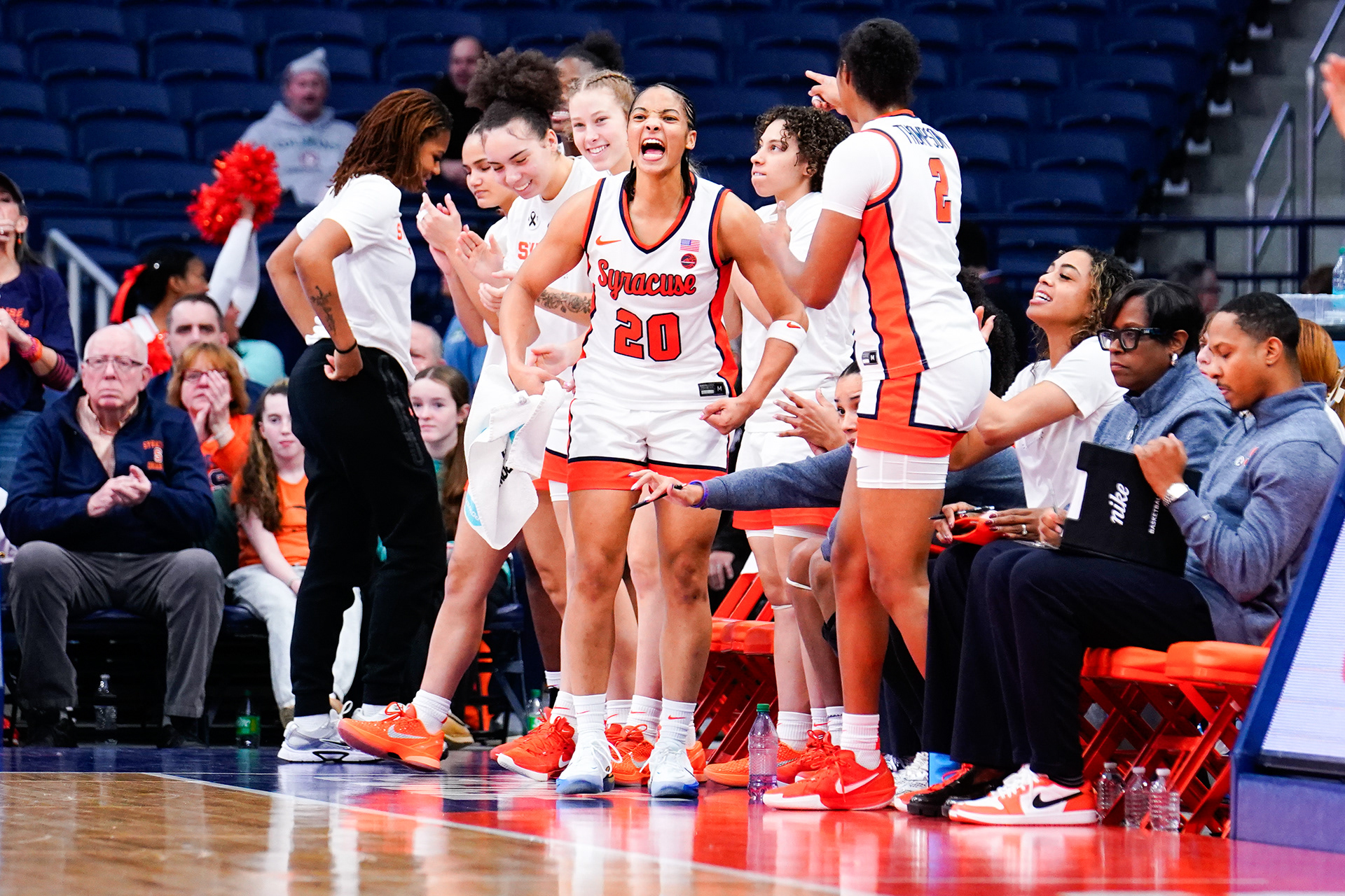 Syracuse Orange forward Dominique Darius (20) celebrates during a women's college basketball game between the Syracuse Orange and the Stanford Cardinal on January 18, 2026, at the JMA Wireless Dome in Syracuse, NY. (Photo by Brody Shuffler/Syracuse Athletics)