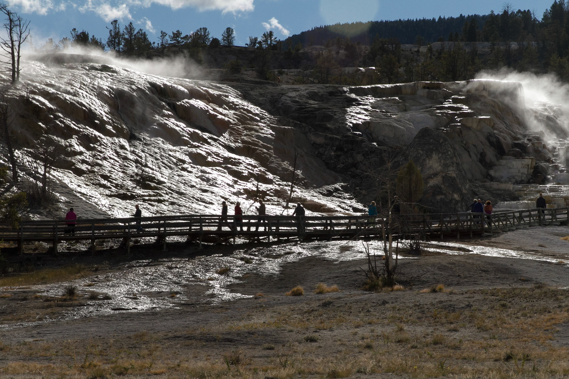 Mammoth Hot Springs is a large complex of hot springs on a hill of travertine in Yellowstone National Park adjacent to Fort Yellowstone and the Mammoth Hot Springs Historic District.
