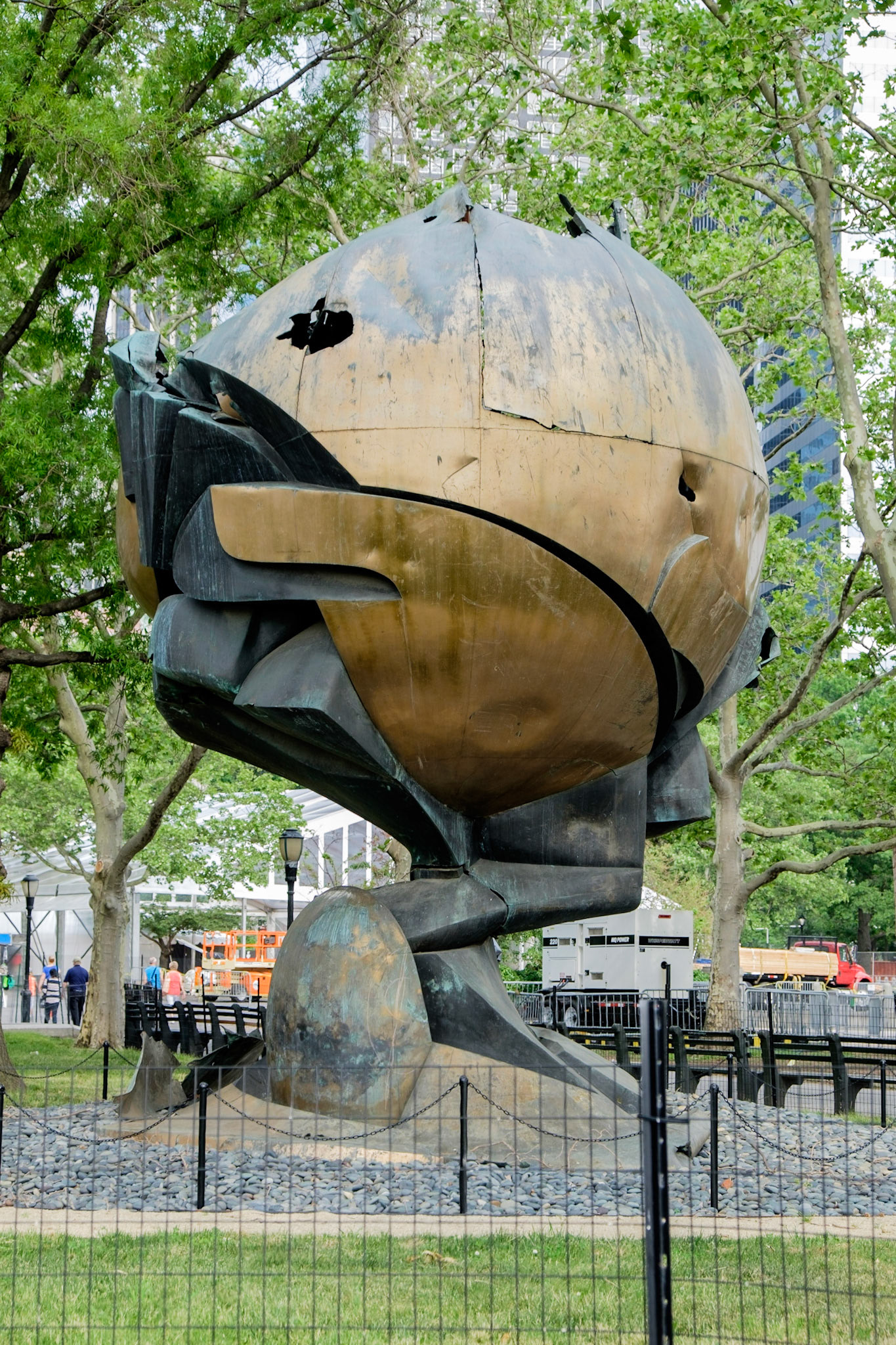The Sphere that once stood in the middle of Austin J. Tobin Plaza, the area between the World Trade Center towers in Manhattan.  It has become a major tourist attraction, due partly to the fact that it survived the attacks with only dents and holes.