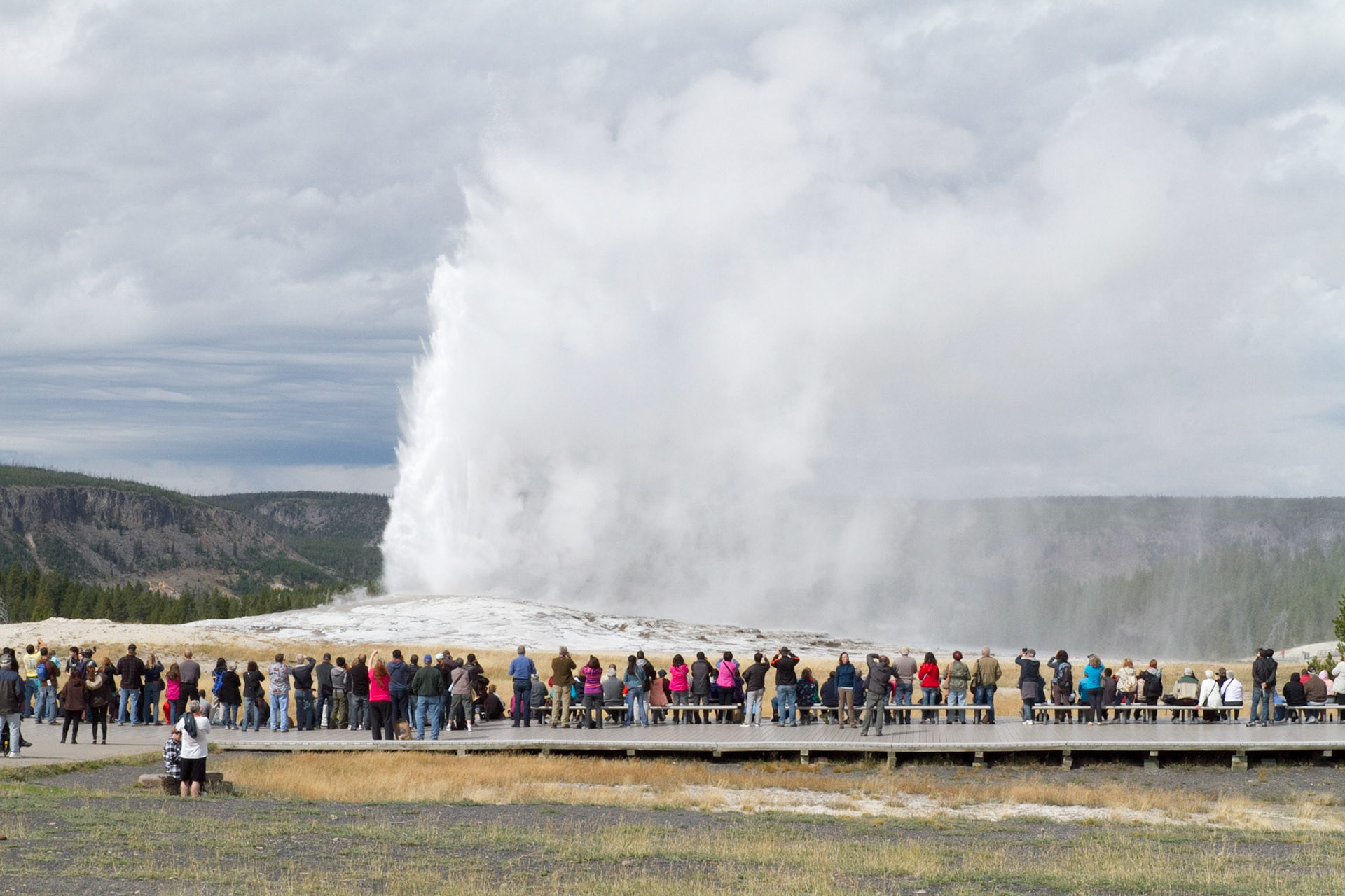 Old Faithful is a cone geyser located in Wyoming, in Yellowstone National Park in the United States. Old Faithful was named in 1870 during the Washburn-Langford-Doane Expedition and was the first geyser in the park to receive a name.