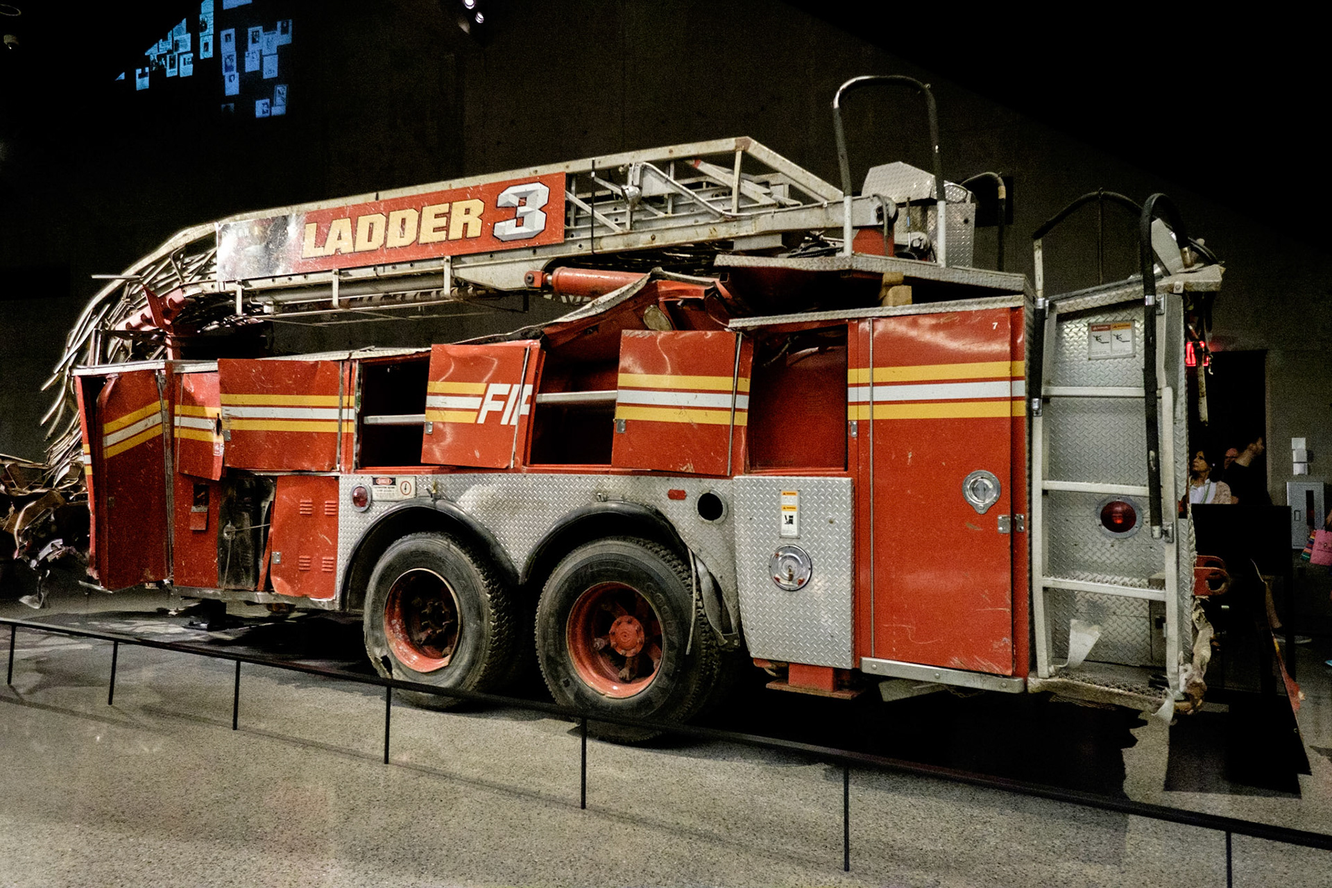 After they parked the rear mount aerial ladder truck on West Street near Vesey Street, Eleven firefighters from the company ' some of whom had just gone off duty,  rushed into the North Tower shortly before it collapsed. None made it out alive.