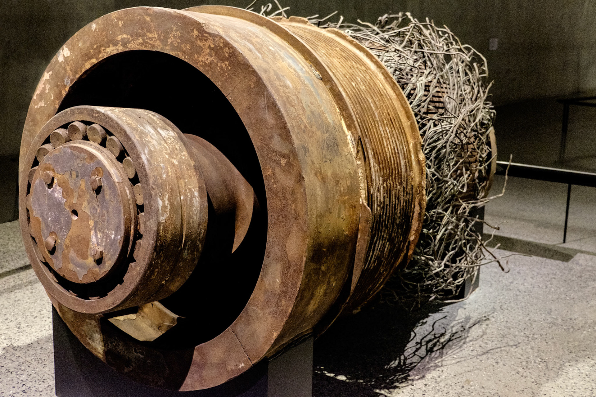 The elevator motor that once shuttled workers up to the highest point of the towers