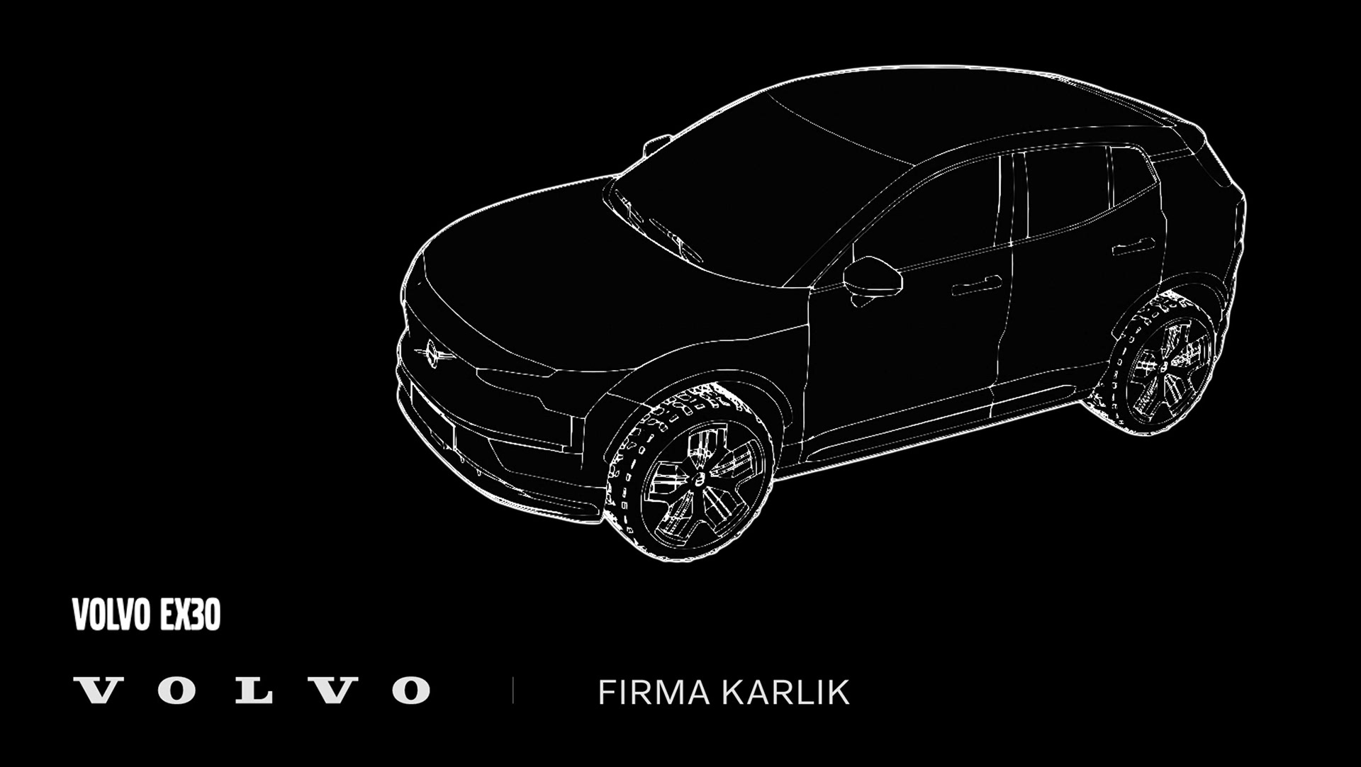 Animacja auta Volvo Karlik Poznań EX30 na czarnym tle stworzona przez profesjonalną firmę z Poznania Frame By Frame