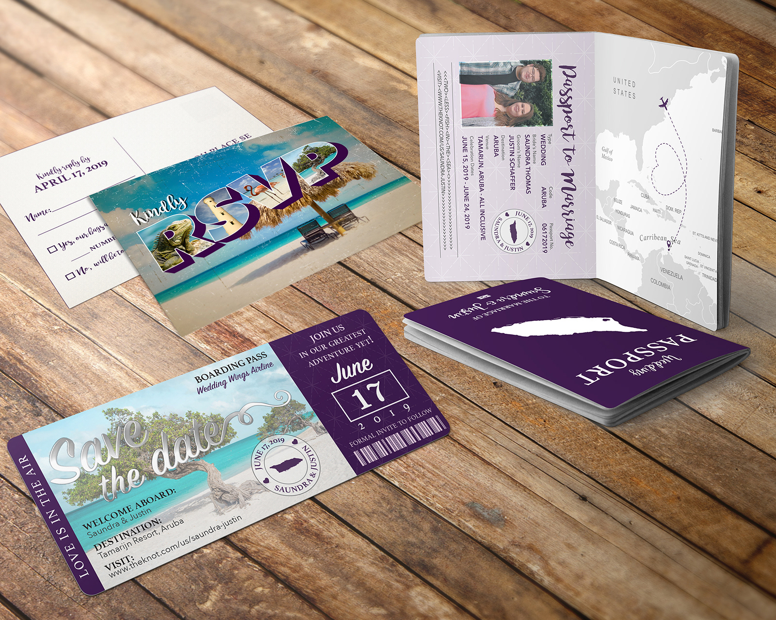 Destination Wedding: Passport Invitations, Save the Dates and RSVP Postcard.