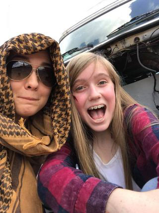Paige Blackcloud &Amelia Oswald hang out on set