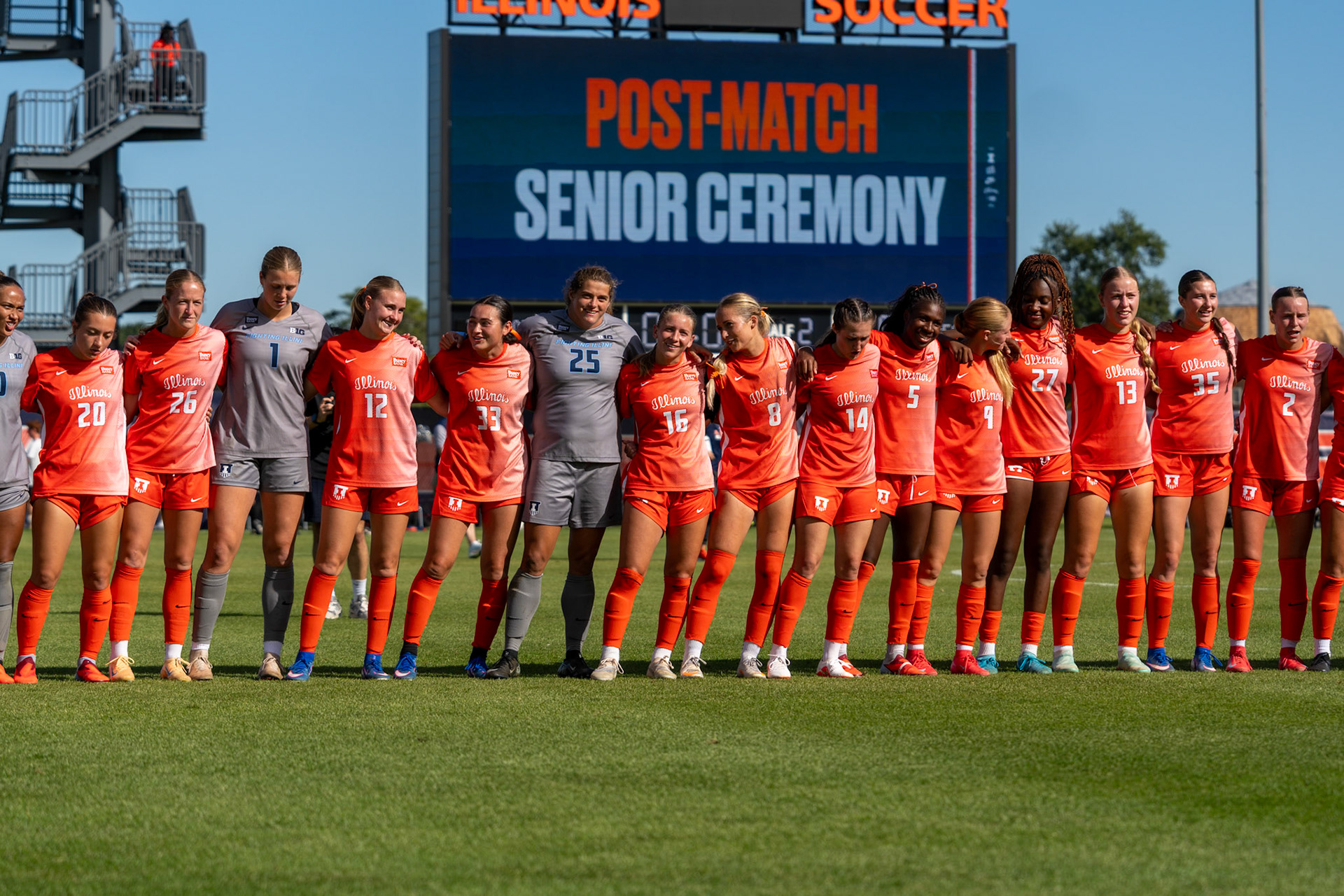 Illinois players join fans in singing the Alma Mater at Demirjian Park following their 2-0 victory over Oregon on Sunday. The win came on Senior Night for the Illini, who improved to 4-2-5 overall on the season.
