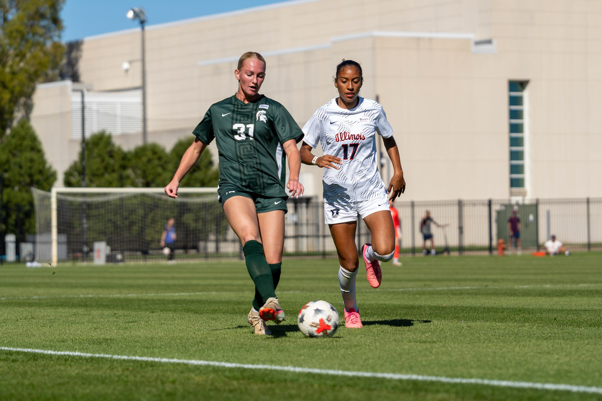 Gabriella Garcia-Terrell, junior forward, battles Michigan State defender Ava Lutke for possession at Demirjian Park on Oct. 4, 2026. Illinois fell 1-0 to No. 2 Michigan State after a late goal in the 85th minute.