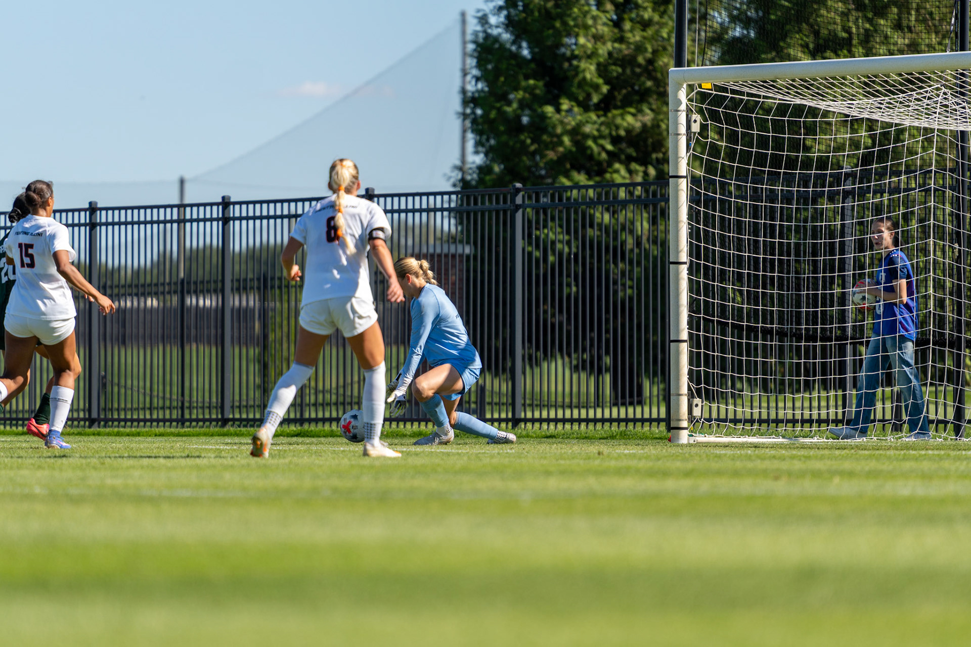 Izzy Lee, fifth-year goalkeeper, makes a save against No. 2 Michigan State at Demirjian Park on Oct. 4, 2026. Lee finished with six saves in Illinois' 1-0 loss to the Spartans.