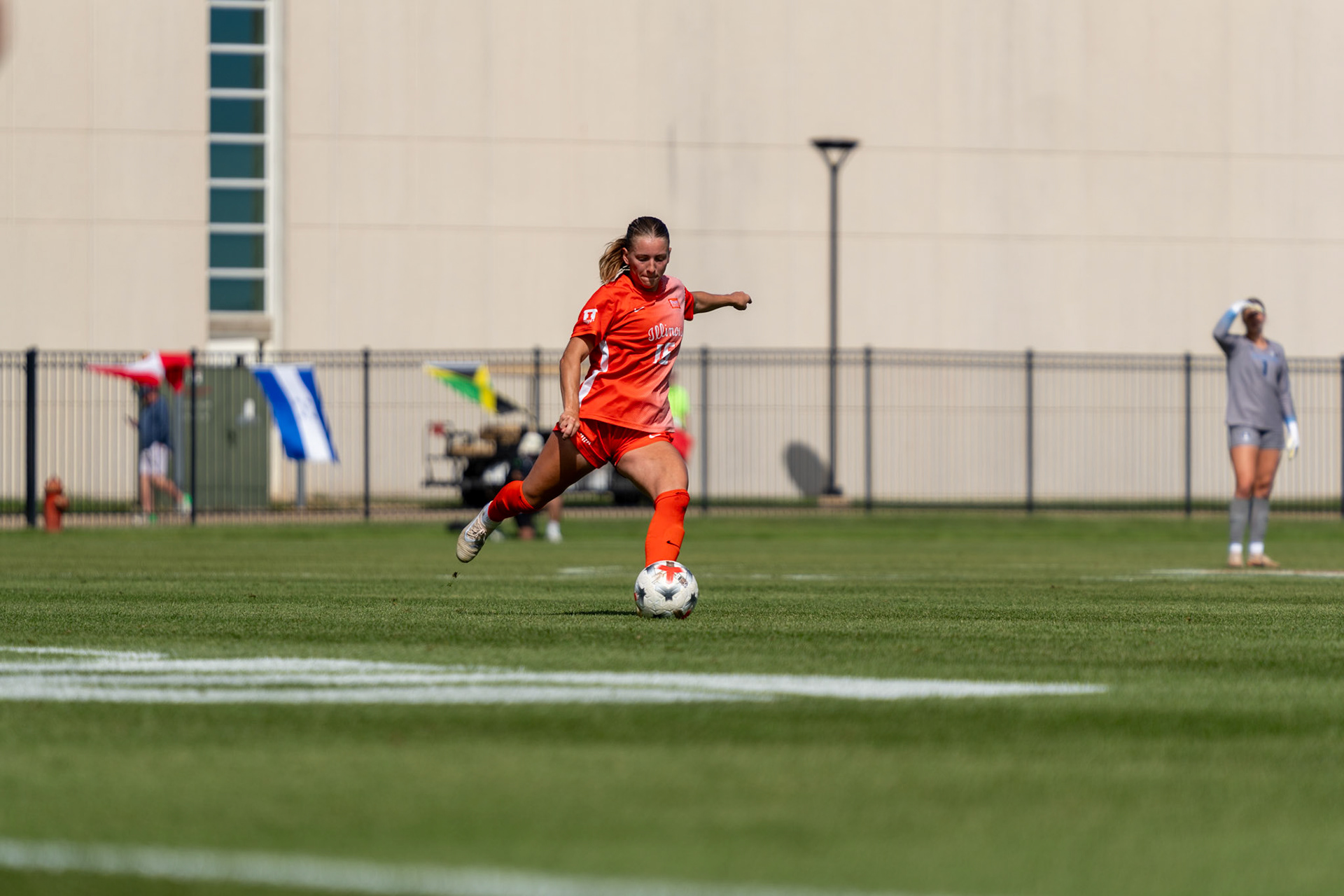 Ashley Stellon, fifth-year midfielder, clears the ball away from the Illinois goal at Demirjian Park on Sunday. Stellon recorded an assist on Ashleigh Vizek's goal in the 54th minute of Illinois' 2-0 victory.
