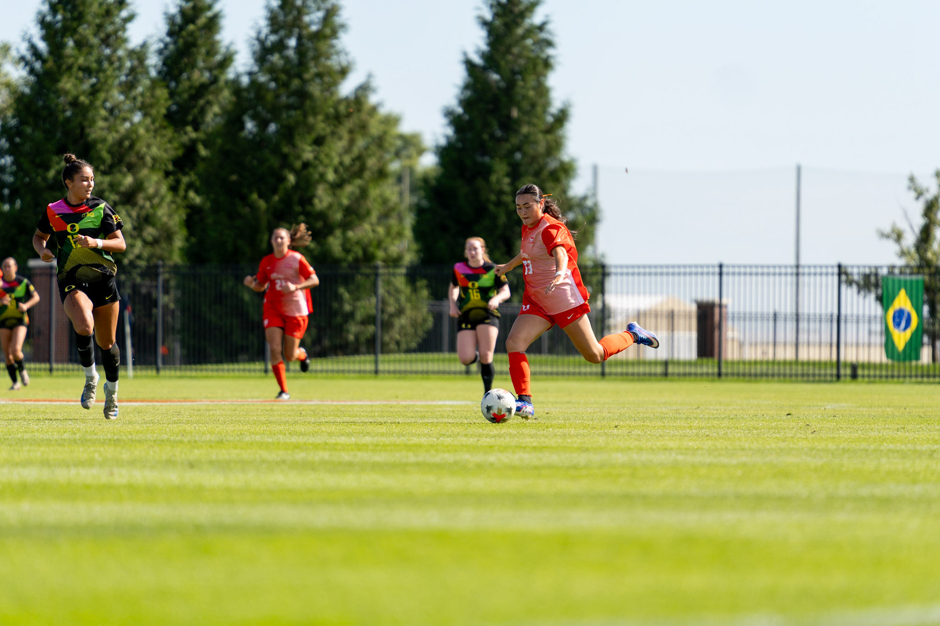 Ava Arengo, senior midfielder, clears the ball away from the Illinois goal at Demirjian Park on Sunday. Illinois defeated Oregon 2-0 on Senior Night to improve to 4-2-5 overall on the season.