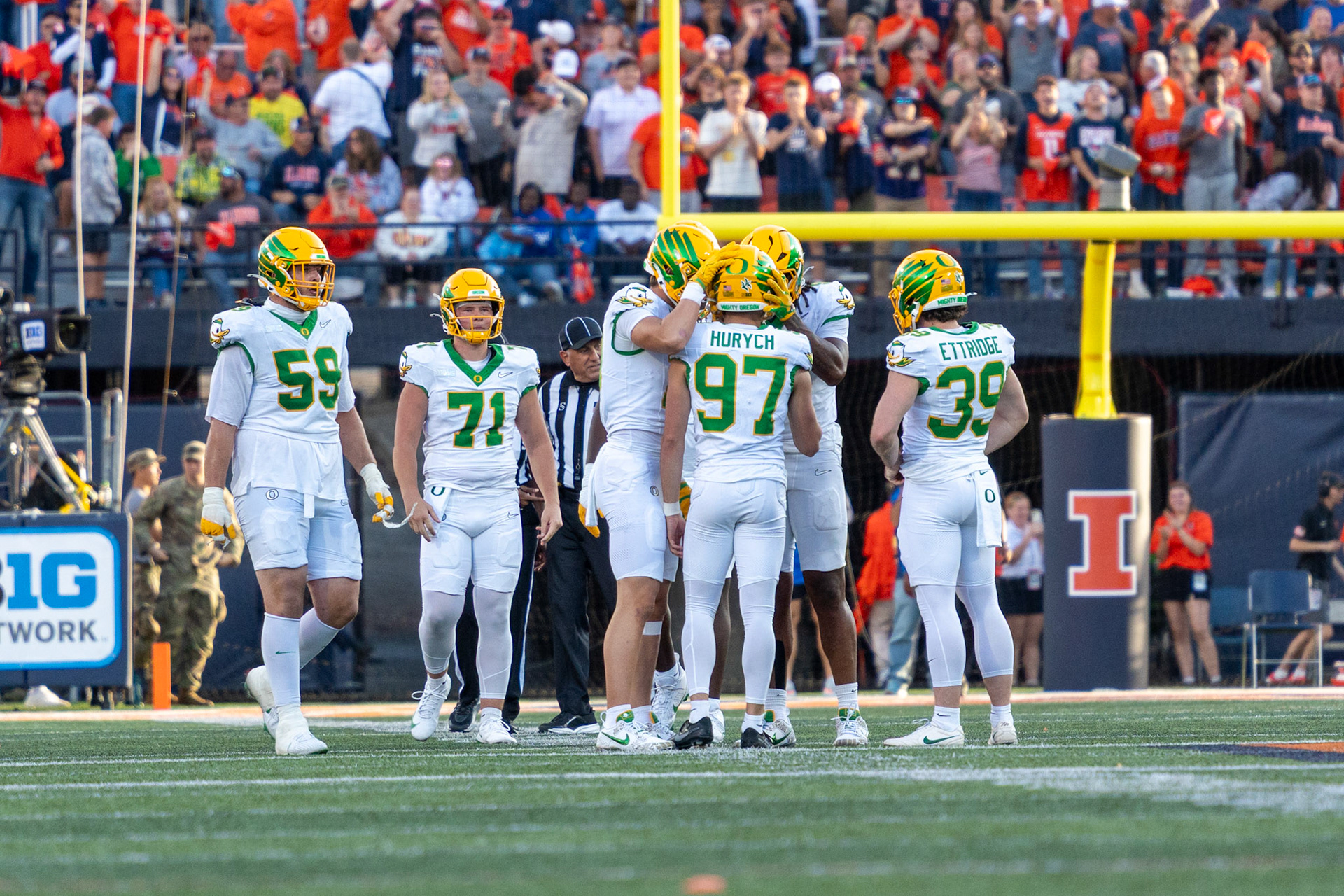 Oregon players console kicker Gage Hurych after he missed his second field goal of the game at Gies Memorial Stadium on Oct. 24, 2026. Hurych, who had been perfect heading into the contest, finished the day missing three of four attempts in the Ducks’ 21-10 loss.