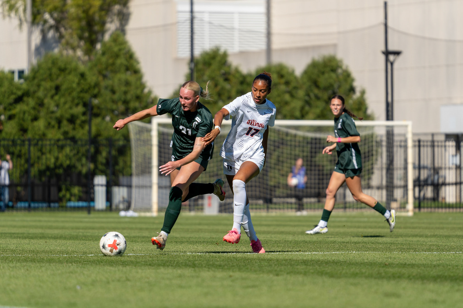 Gabriella Garcia-Terrell, junior forward, battles Michigan State defender Ava Lutke for possession at Demirjian Park on Oct. 4, 2026. Illinois fell 1-0 to No. 2 Michigan State after a late goal in the 85th minute.