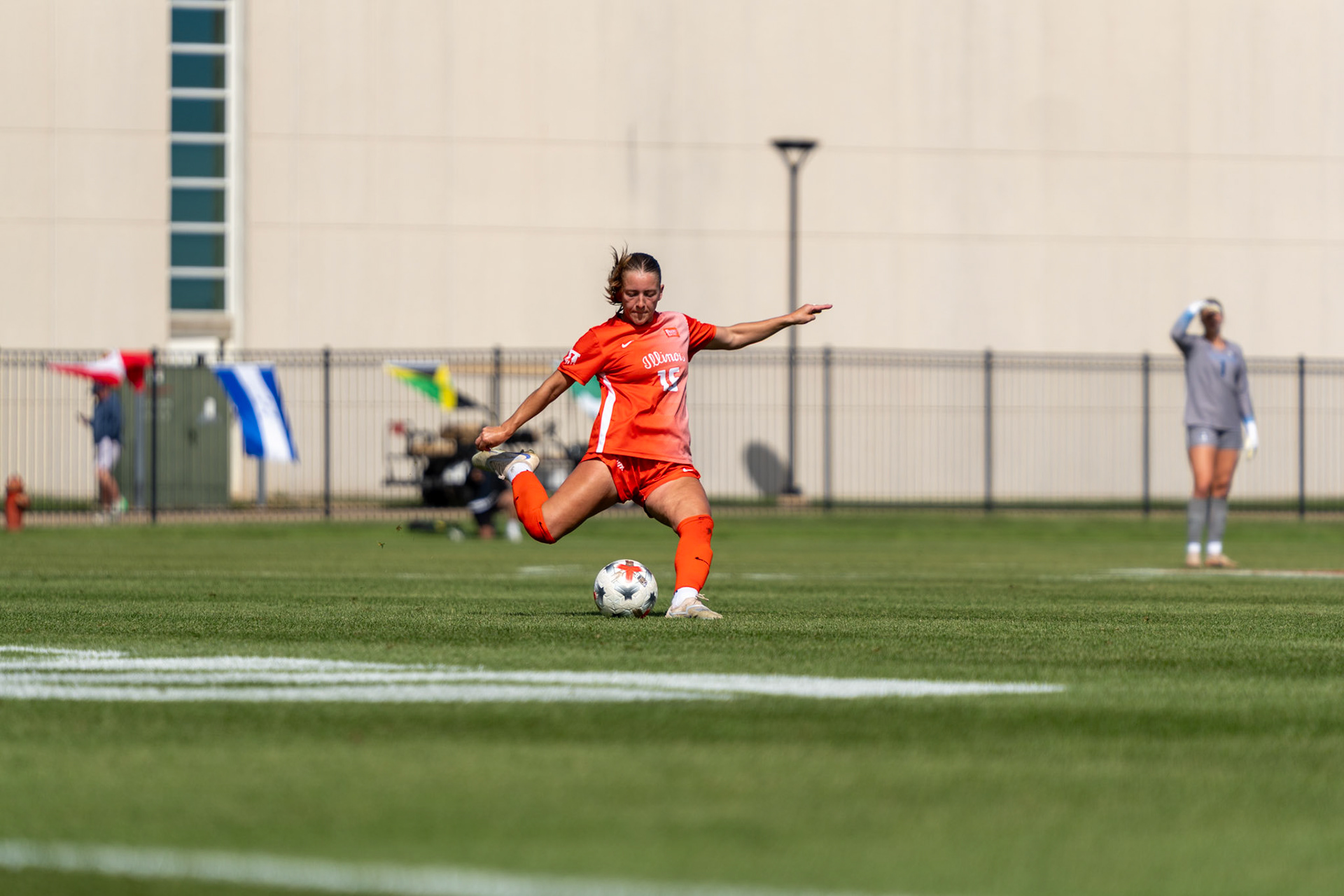 Ashley Stellon, fifth-year midfielder, clears the ball away from the Illinois goal at Demirjian Park on Sunday. Stellon recorded an assist on Ashleigh Vizek's goal in the 54th minute of Illinois' 2-0 victory.