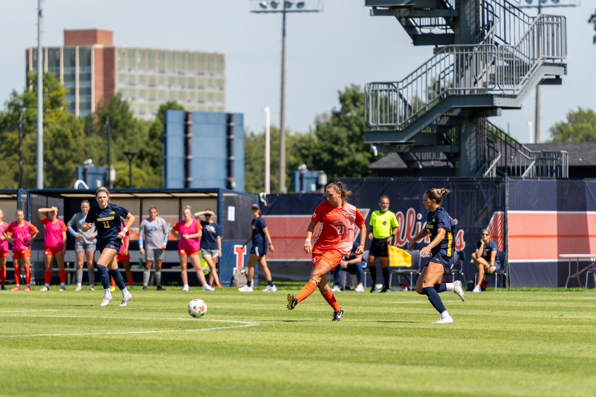 Myra Schneider, senior midfielder, distributes the ball to a teammate following a steal against Michigan at Demirjian Park on Sunday. Illinois fell to Michigan 2-0 in the Big Ten contest.