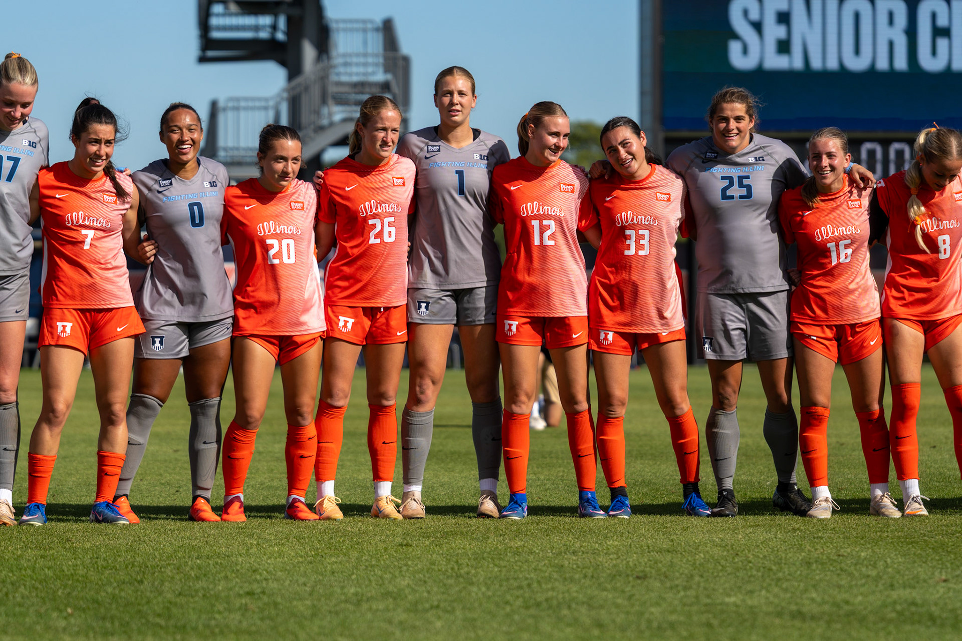 Illinois players join fans in singing the Alma Mater at Demirjian Park following their 2-0 victory over Oregon on Sunday. The win came on Senior Night for the Illini, who improved to 4-2-5 overall on the season.