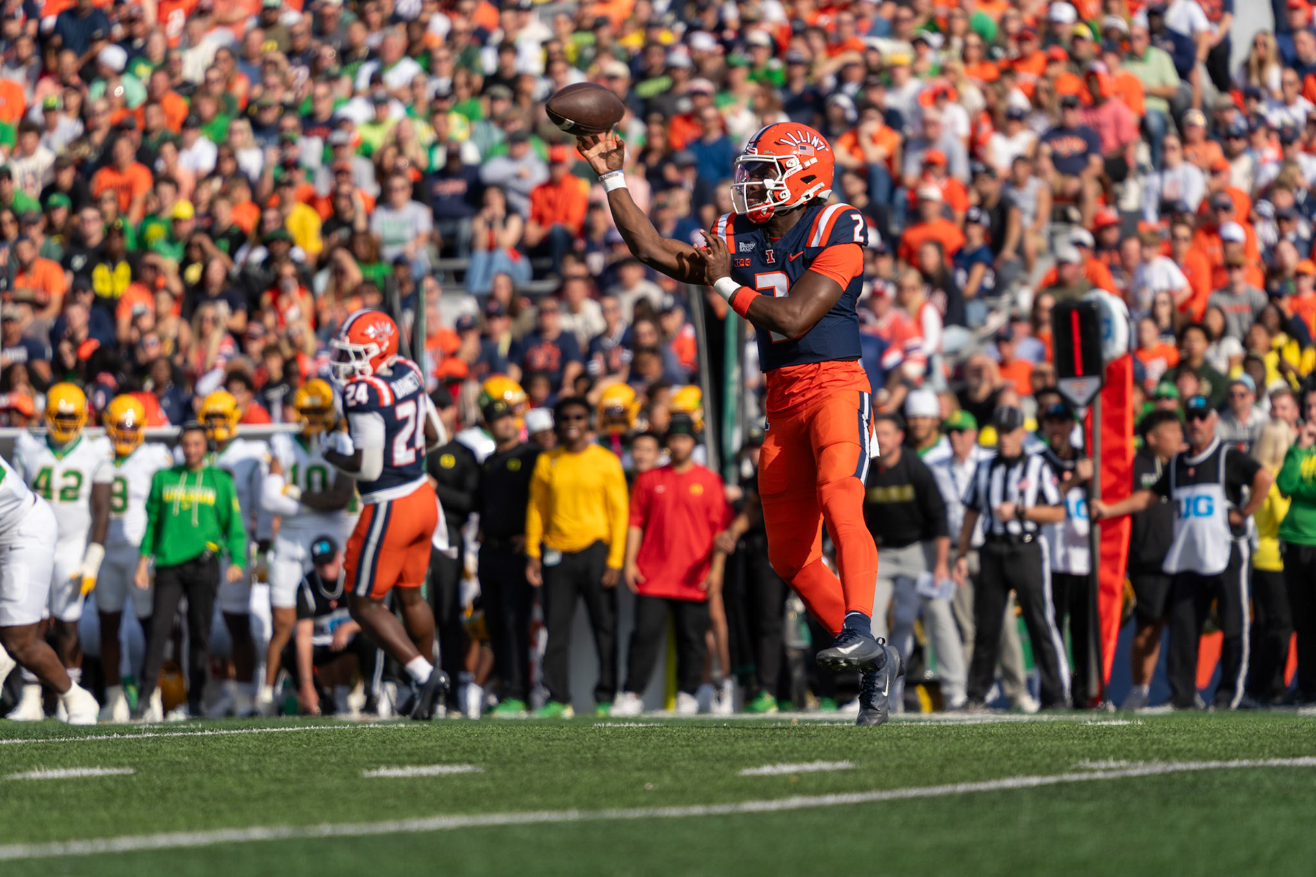 Carson Boyd, sophomore quarterback, looks to pass against Oregon at Gies Memorial Stadium on Oct. 24, 2026. Boyd completed 1 of 1 pass for 5 yards in Illinois’ 21-10 victory over the Ducks.