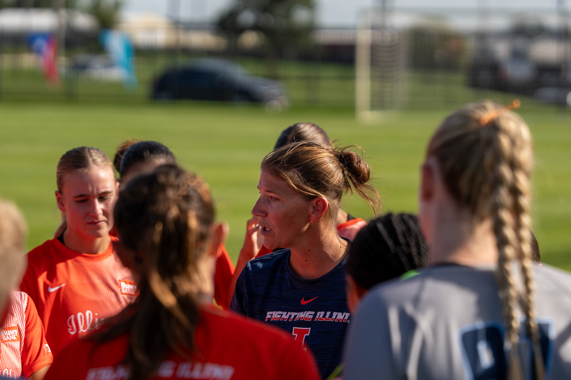 Illinois head coach Katie Hultin addresses her team following a 2-0 victory over Oregon at Demirjian Park on Sunday. The win came on Senior Night for the Illini, who improved to 4-2-5 overall on the season.
