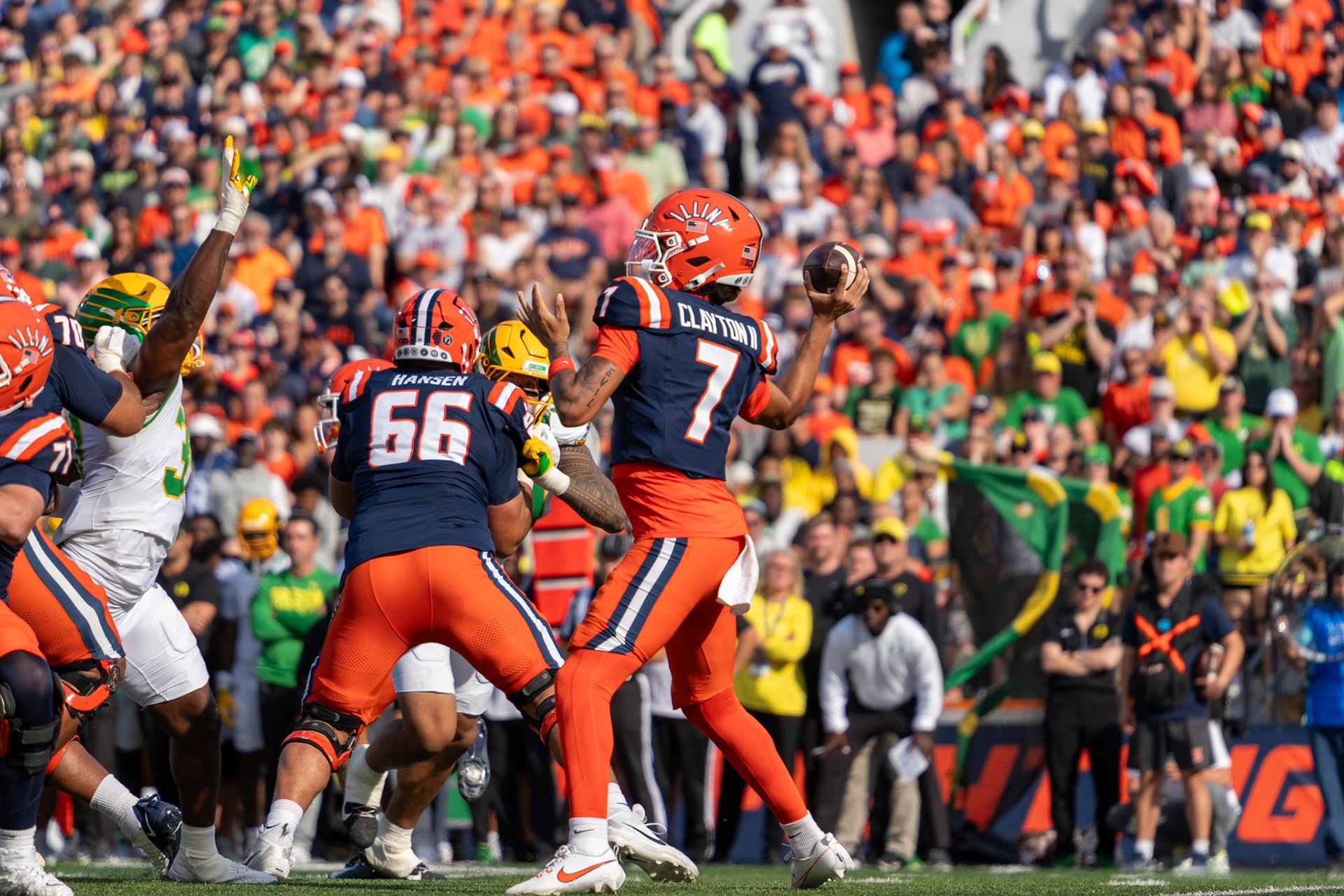 Michael Clayton II looks to pass against Oregon at Gies Memorial Stadium on Oct. 24, 2026. Clayton completed 11 of 18 passes for 84 yards and two touchdowns in Illinois’ 21-10 victory.
