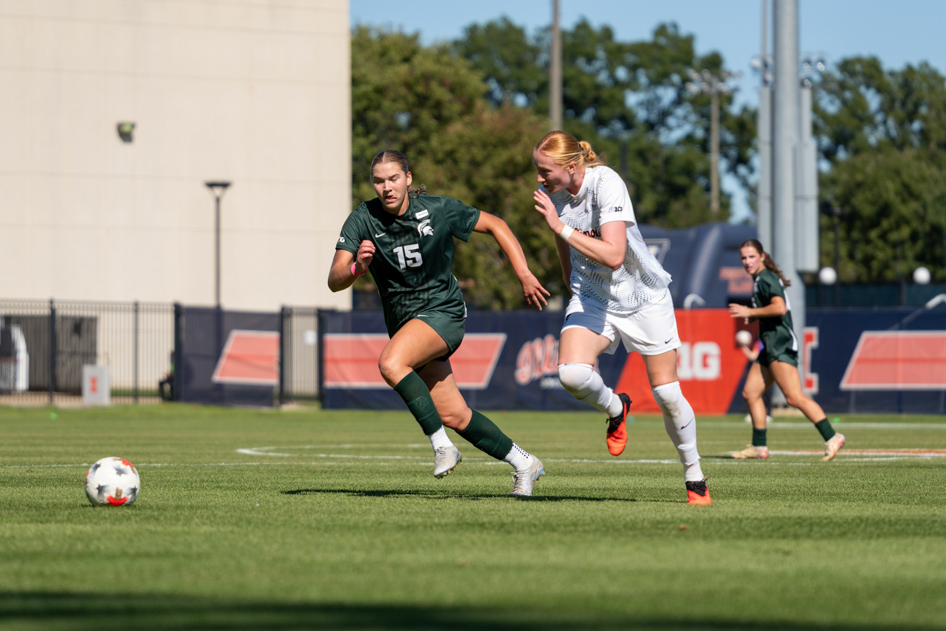 Hedda Ornberg, senior forward, races Michigan State defender Julia Belli for possession at Demirjian Park on Oct. 4, 2026. Illinois fell 1-0 to No. 2 Michigan State after a late goal in the 85th minute.