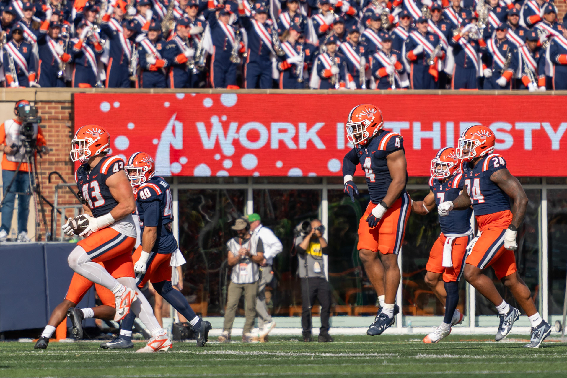 Joe Barna, junior defensive lineman, celebrates after recovering a fumble at Gies Memorial Stadium on Oct. 24, 2026. The recovery helped Illinois secure possession in their 21-10 victory over Oregon.