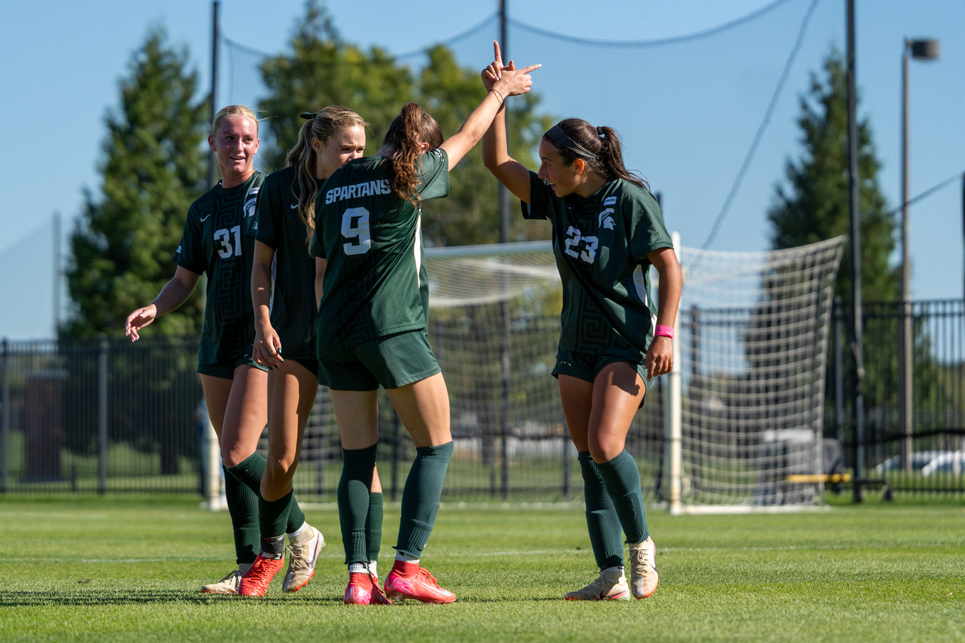 Michigan State midfielder Bella Najera celebrates with midfielder Kayla Briggs after scoring the decisive goal at Demirjian Park on Oct. 4, 2026. Najera's goal in the 85th minute lifted the Spartans to a 1-0 victory over Illinois.