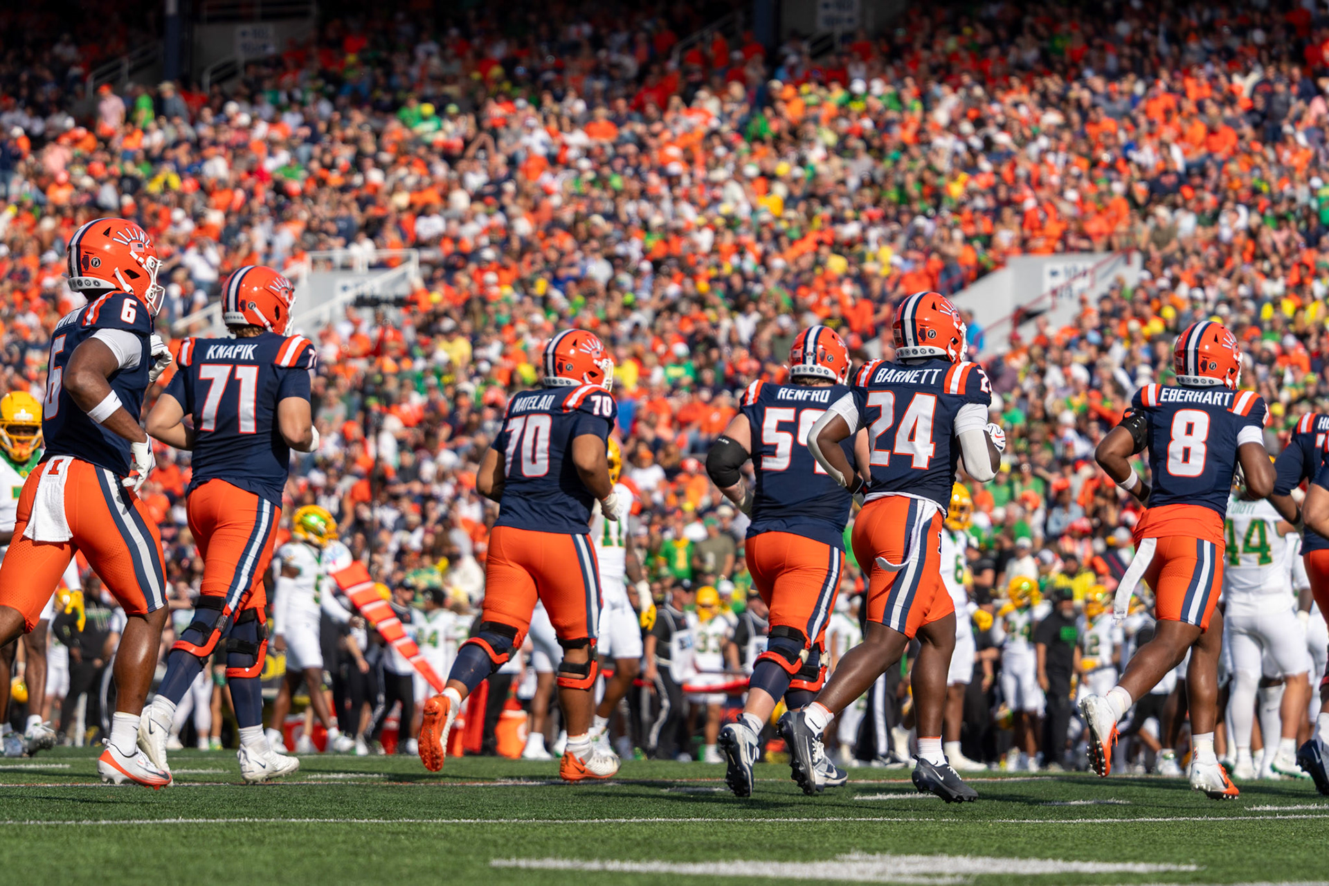 Illinois offensive players take the field to begin a drive against Oregon at Gies Memorial Stadium on Oct. 24, 2026. Illinois defeated Oregon 21-10 in front of 58,723 fans at Gies Memorial Stadium.