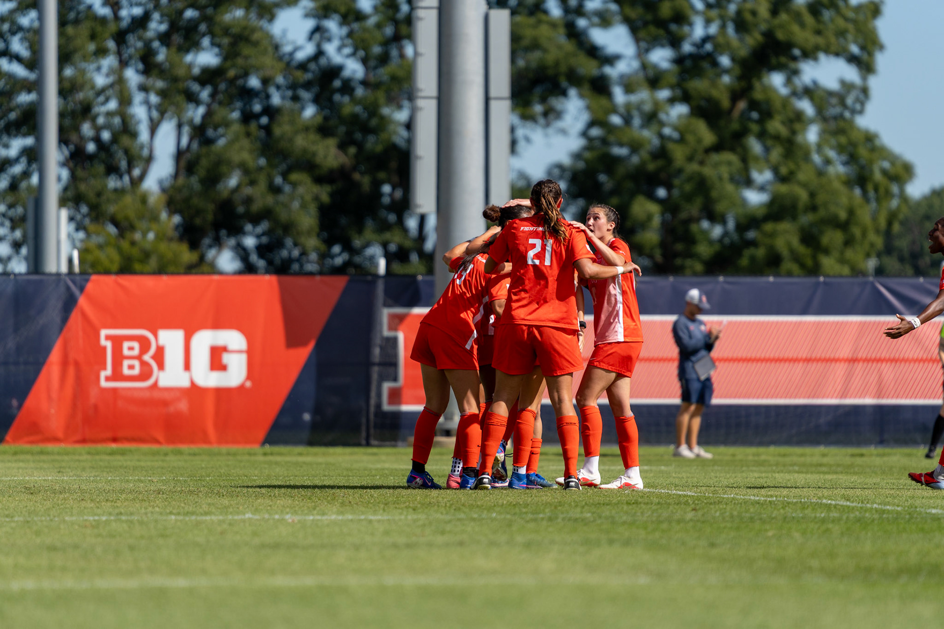 Illinois players celebrate after Gabriella Garcia-Terrell's goal in the 51st minute at Demirjian Park on Sunday. The score gave the Illini a 1-0 lead over Oregon on Senior Night.