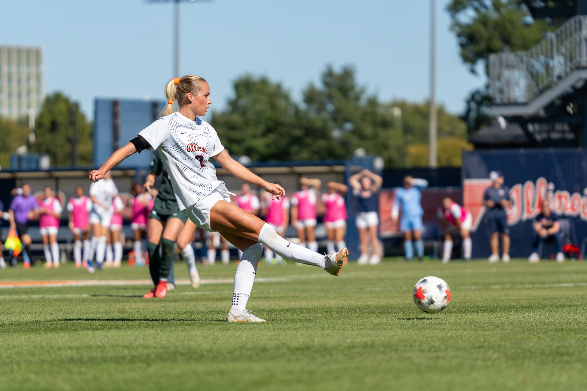 Sutton Webb, fifth-year forward, plays the ball against No. 2 Michigan State at Demirjian Park on Oct. 4, 2026. Illinois fell 1-0 to the Spartans after a late goal in the 85th minute.