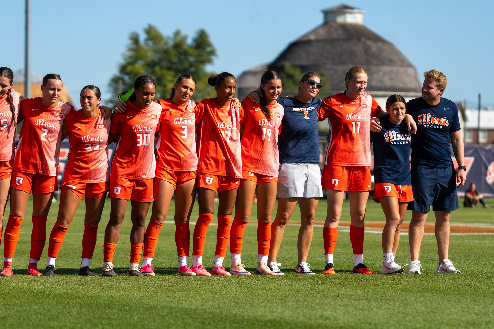 Illinois players join fans in singing the Alma Mater at Demirjian Park following their 2-0 victory over Oregon on Sunday. The win came on Senior Night for the Illini, who improved to 4-2-5 overall on the season.