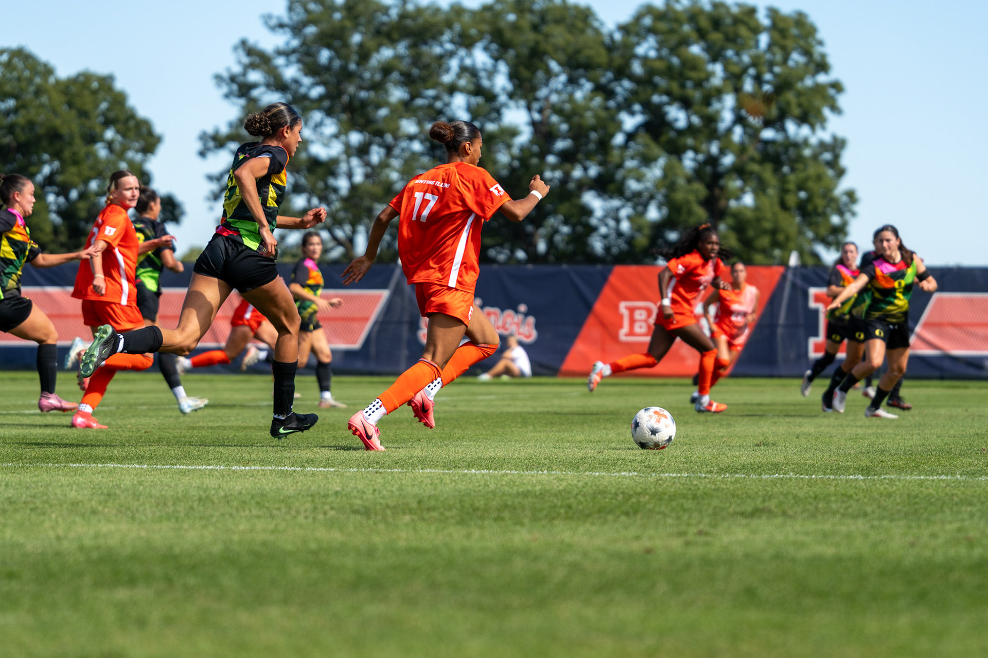 Gabriella Garcia-Terrell, junior forward, battles Oregon for possession at Demirjian Park on Sunday. Garcia-Terrell scored the opening goal of the match in the 51st minute in Illinois' 2-0 Senior Night victory.