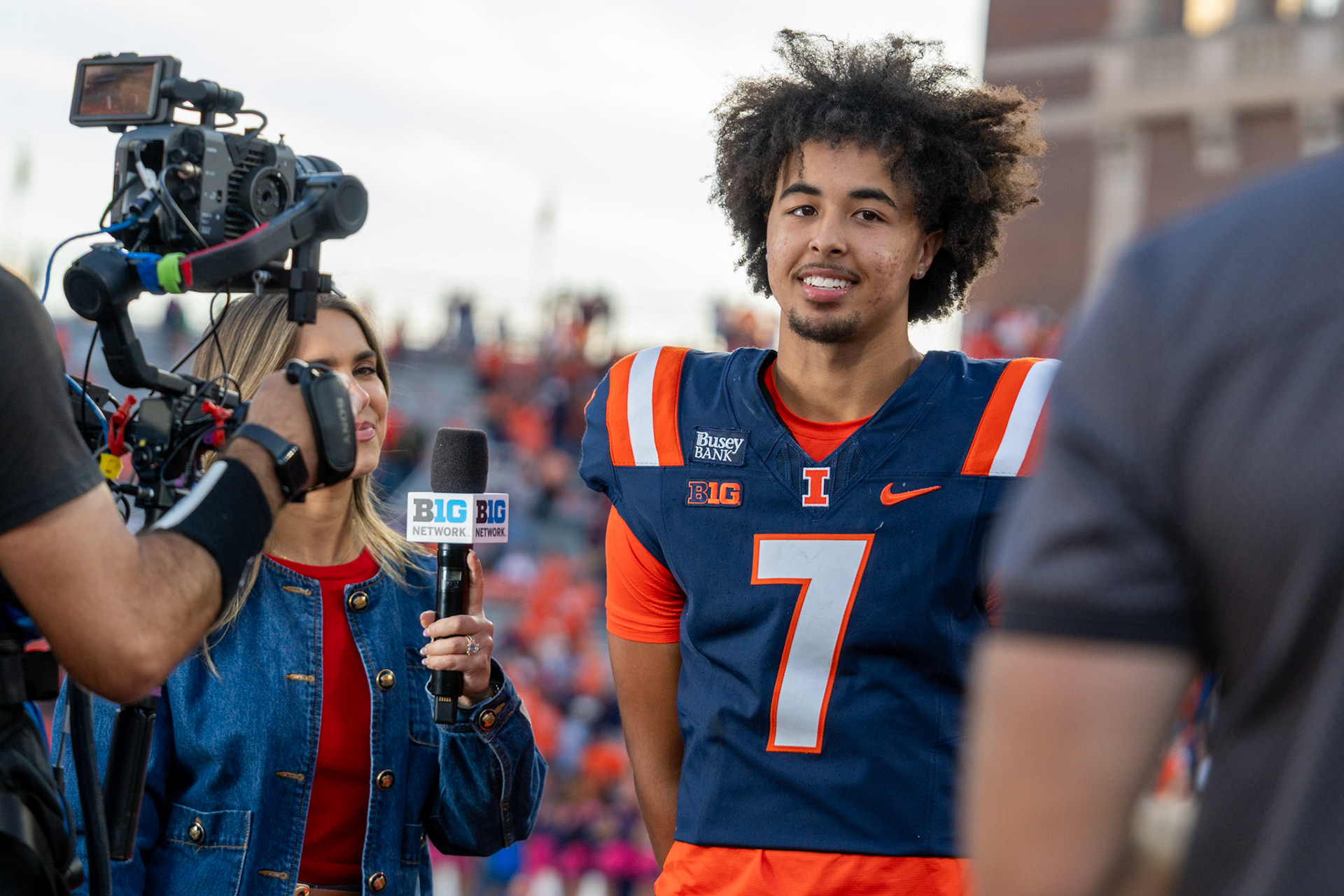 Michael Clayton II interviews with media following Illinois’ 21-10 victory over Oregon at Gies Memorial Stadium on Oct. 24, 2026. Clayton completed 11 of 18 passes for 84 yards and two touchdowns in the win.