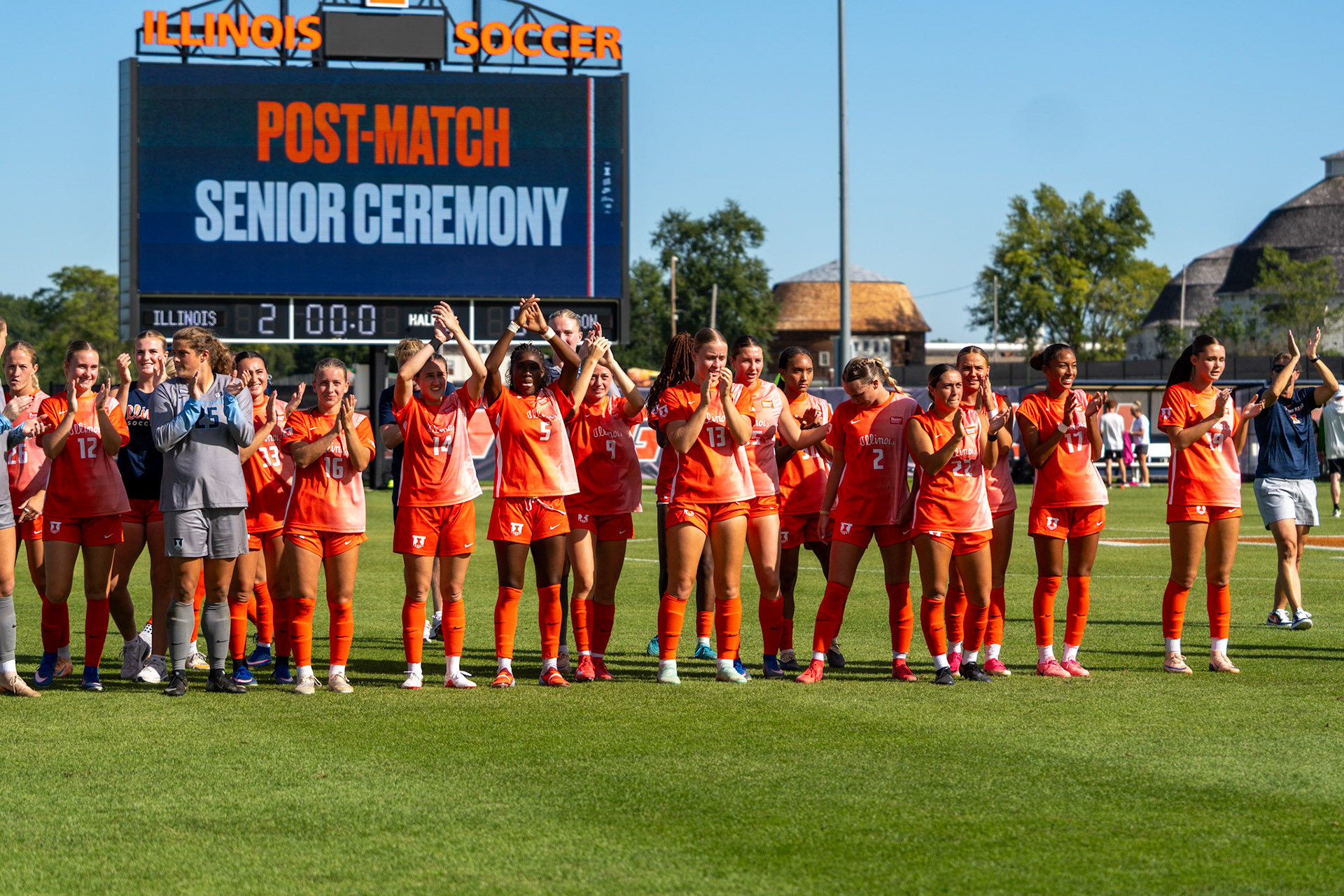 Illinois players wave to fans at Demirjian Park following their 2-0 victory over Oregon on Sunday. The win on Senior Night improved the Illini to 4-2-5 overall on the season.