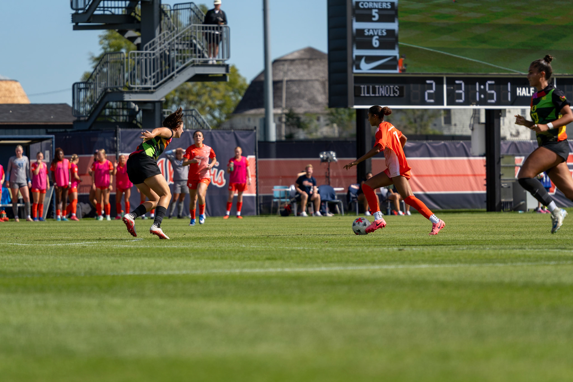 Gabriella Garcia-Terrell, junior forward, advances the ball up the field against Oregon at Demirjian Park on Sunday. Garcia-Terrell scored the opening goal of the match in the 51st minute to give Illinois a 1-0 lead.