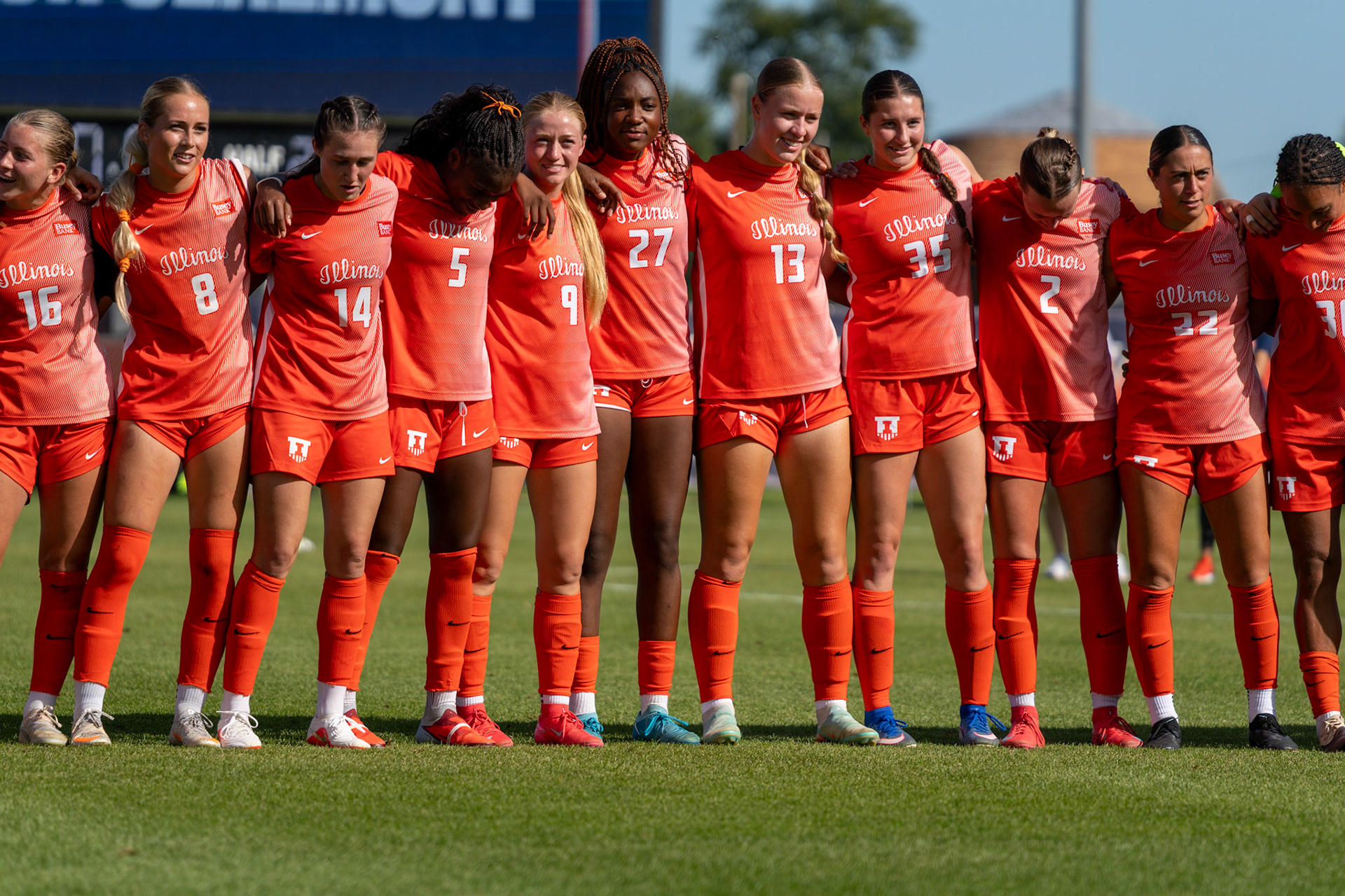 Illinois players join fans in singing the Alma Mater at Demirjian Park following their 2-0 victory over Oregon on Sunday. The win came on Senior Night for the Illini, who improved to 4-2-5 overall on the season.